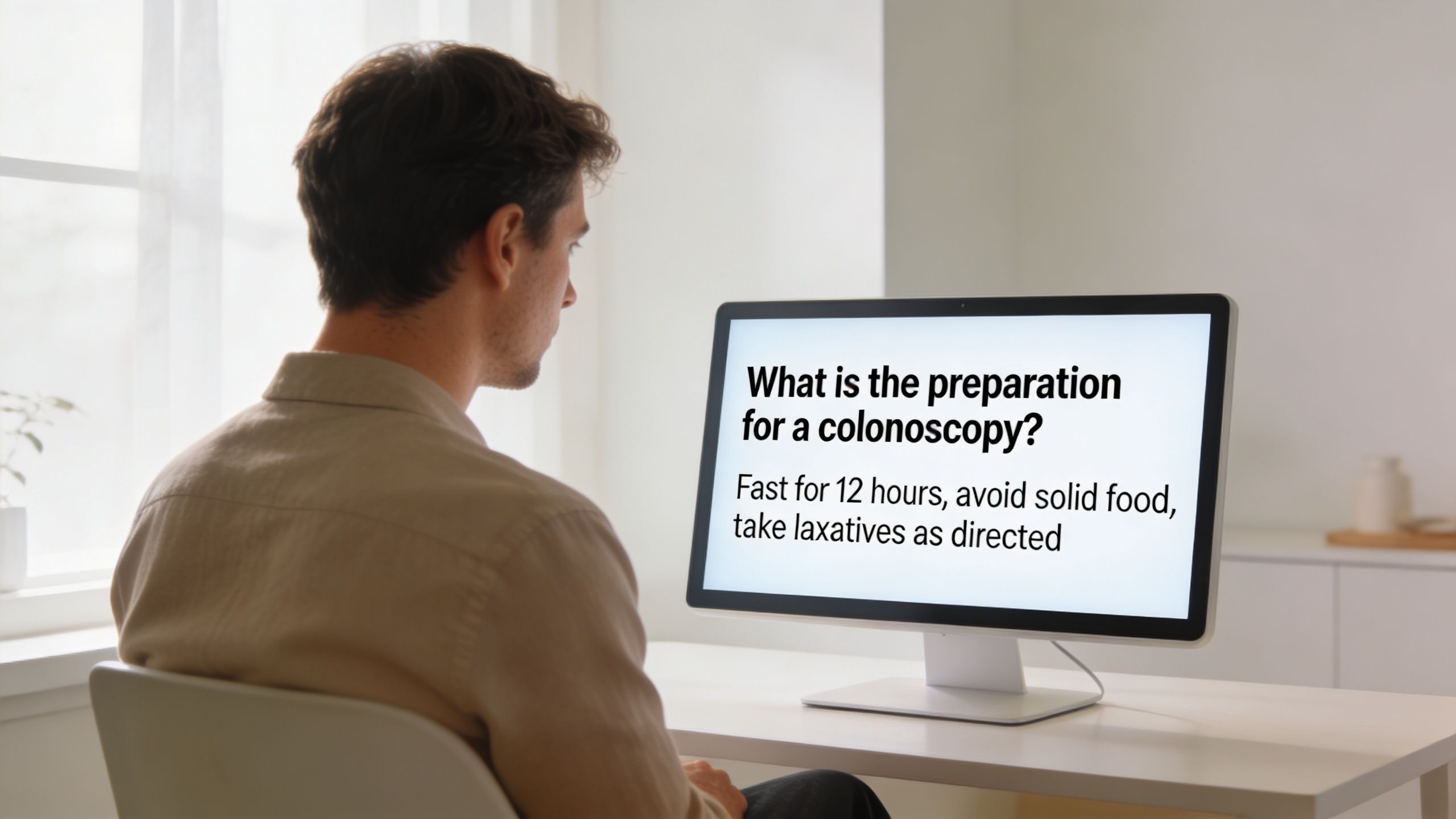 A man sits at a desk looking at a computer screen displaying colonoscopy preparation instructions.