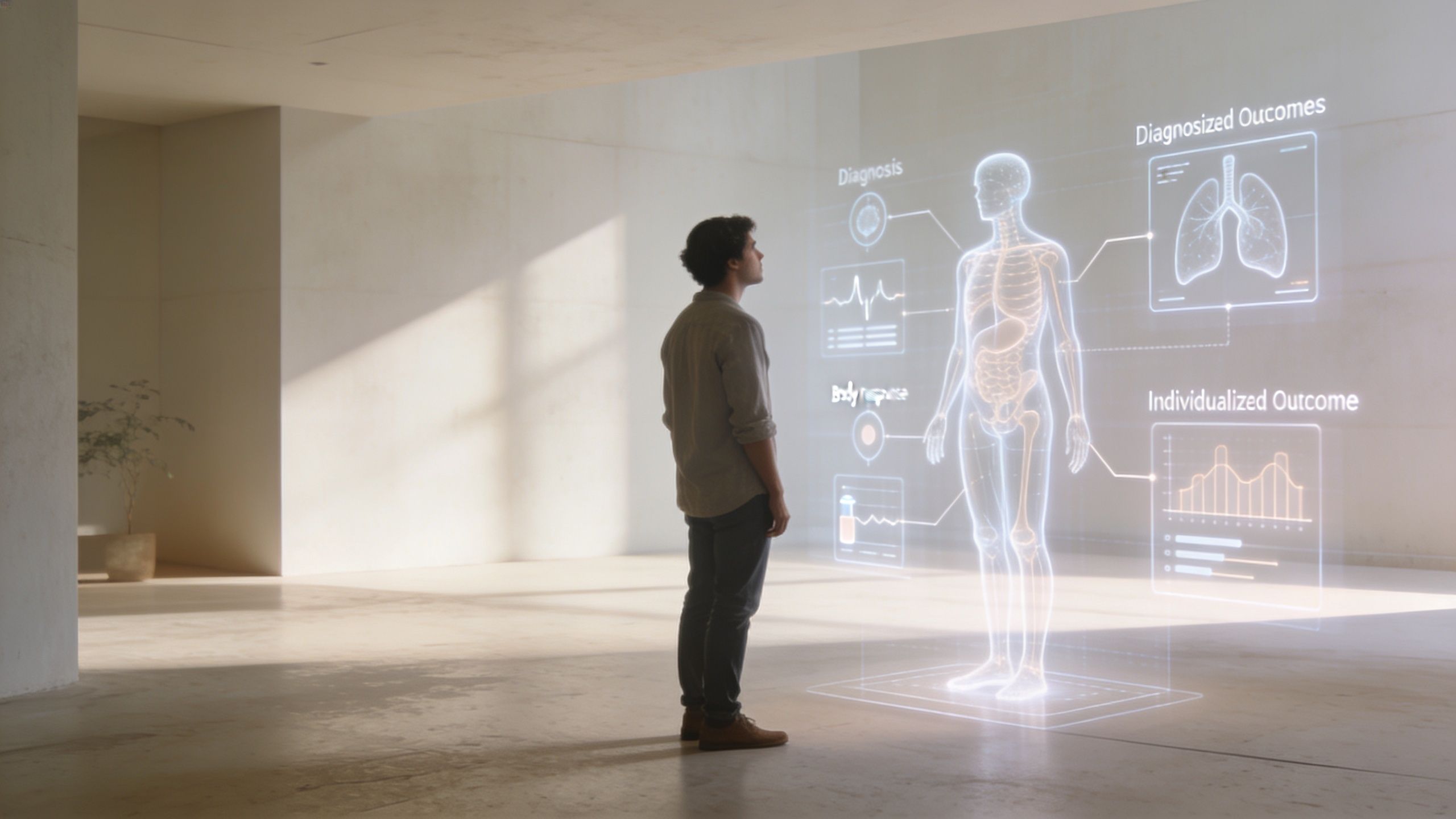 A man looking at a holographic projection of human anatomy and medical data in a modern room.