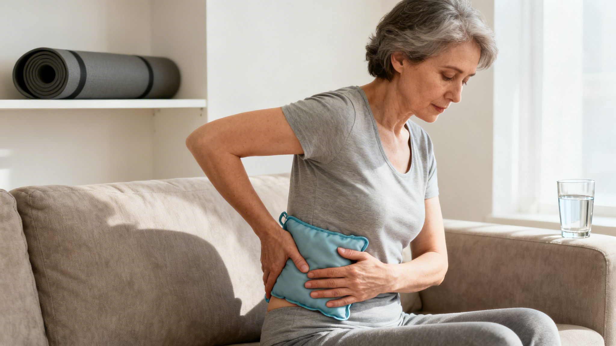 An elderly woman sits on a sofa, applying a hot pack to her painful lower back.