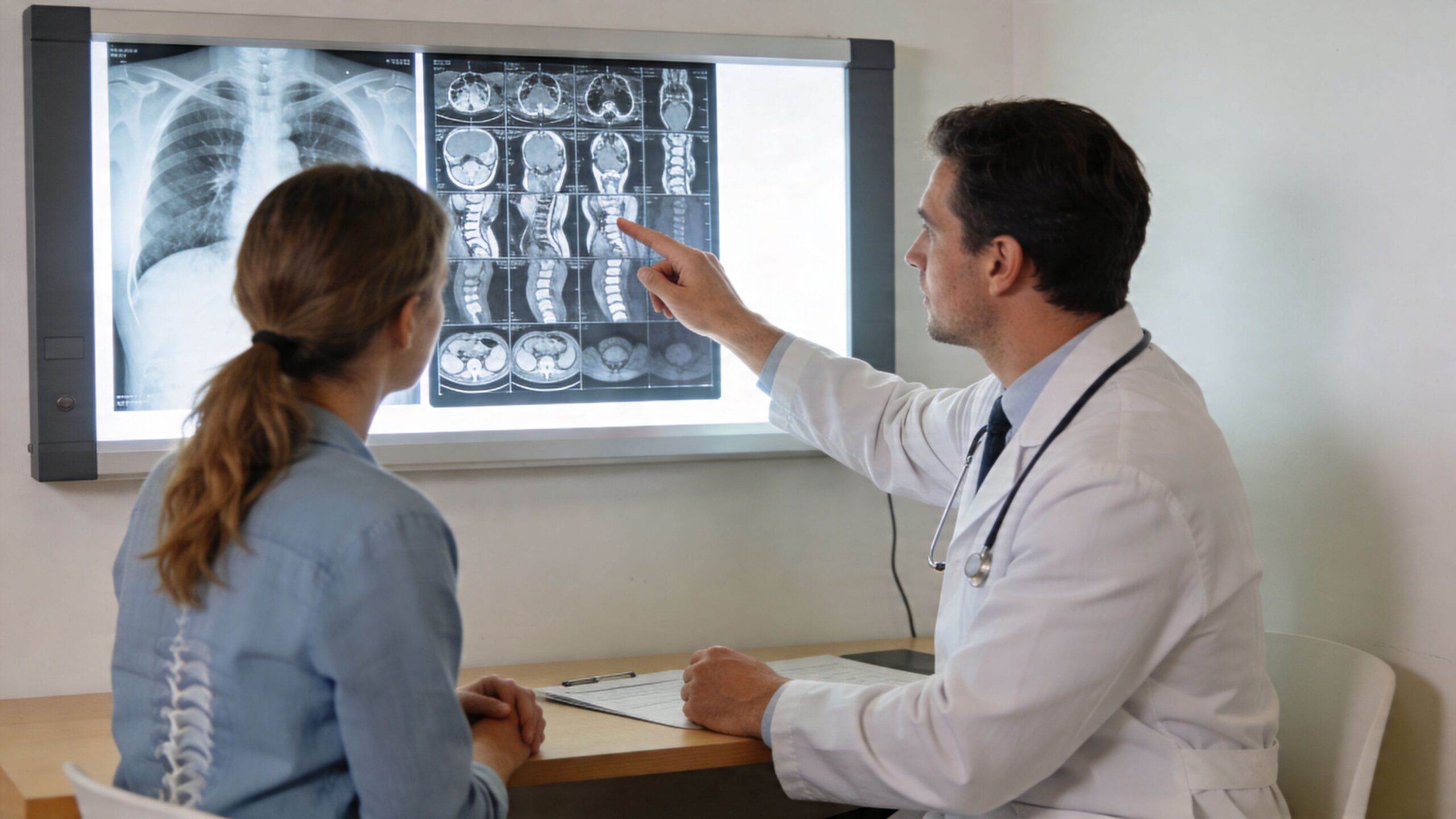 A male doctor in a white coat explains spine medical imaging results to a female patient.