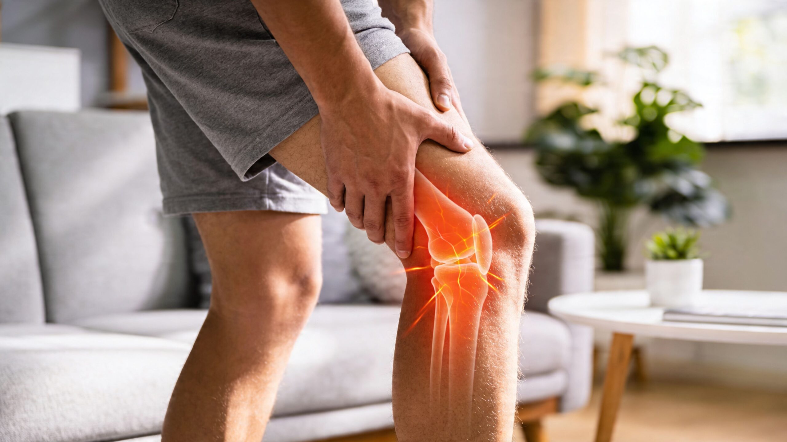 A person standing in a living room holding their painful knee with a glowing red highlight