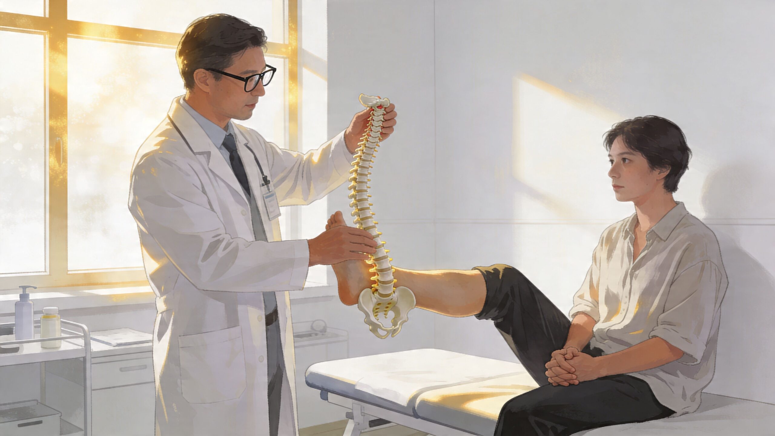 A doctor in a white coat explaining spinal anatomy to a patient during a medical consultation.