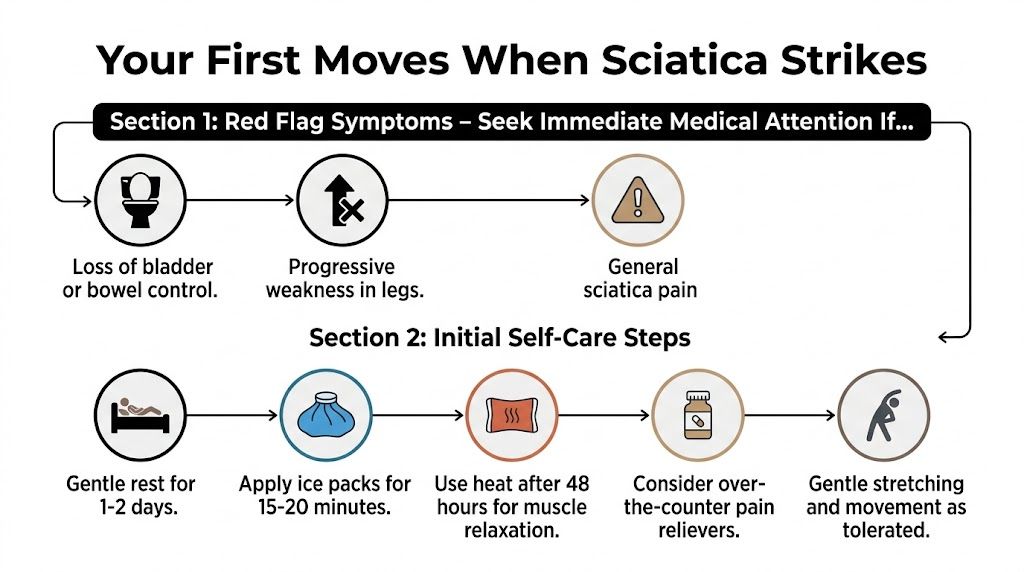 An infographic titled Your First Moves When Sciatica Strikes, outlining emergency red flag symptoms and self-care steps.