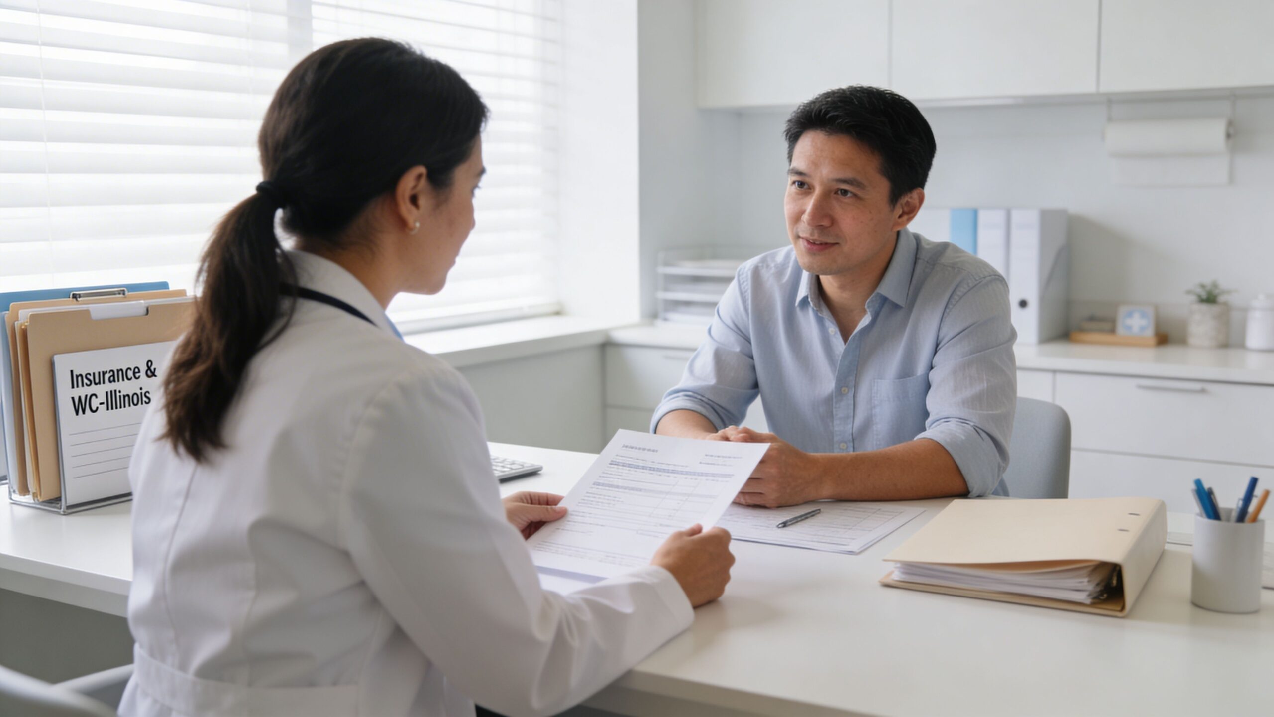 A female doctor in a white lab coat discusses medical documents with a male patient in a clinic.