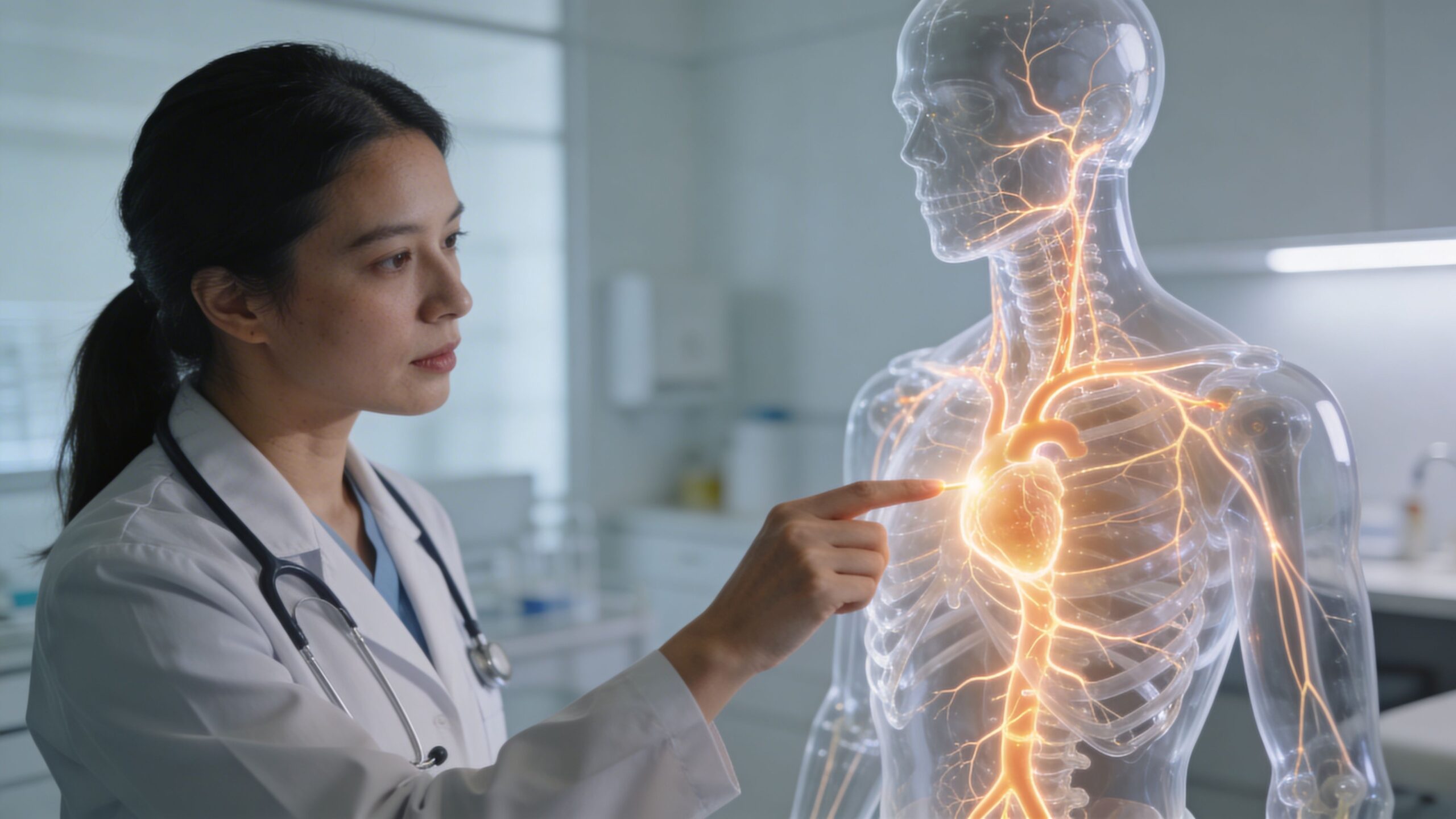 A female doctor pointing at a glowing digital 3D model of a human heart in a medical office.