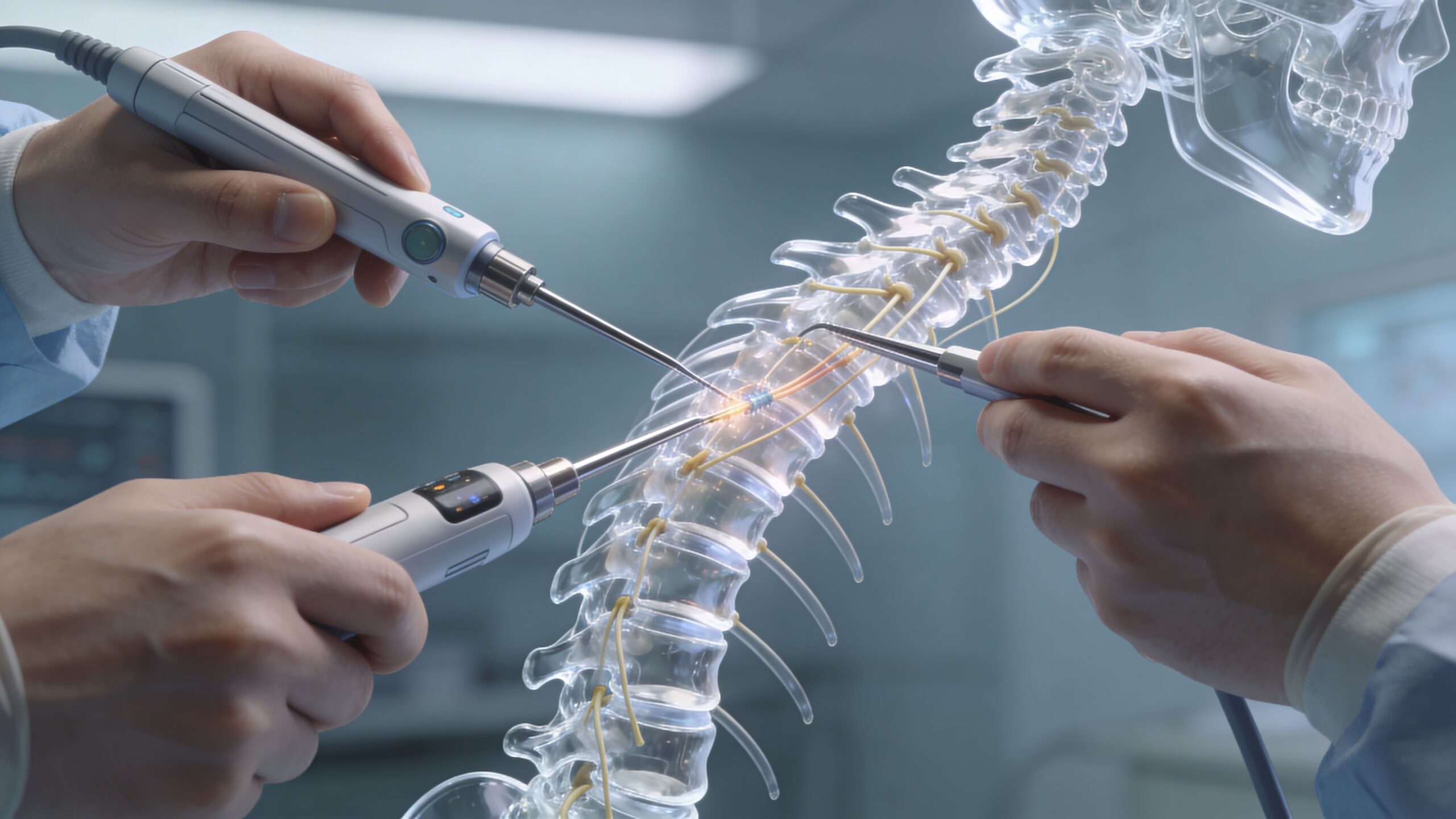 A surgeon using specialized surgical tools to perform a simulated spinal procedure on a transparent model skeleton.