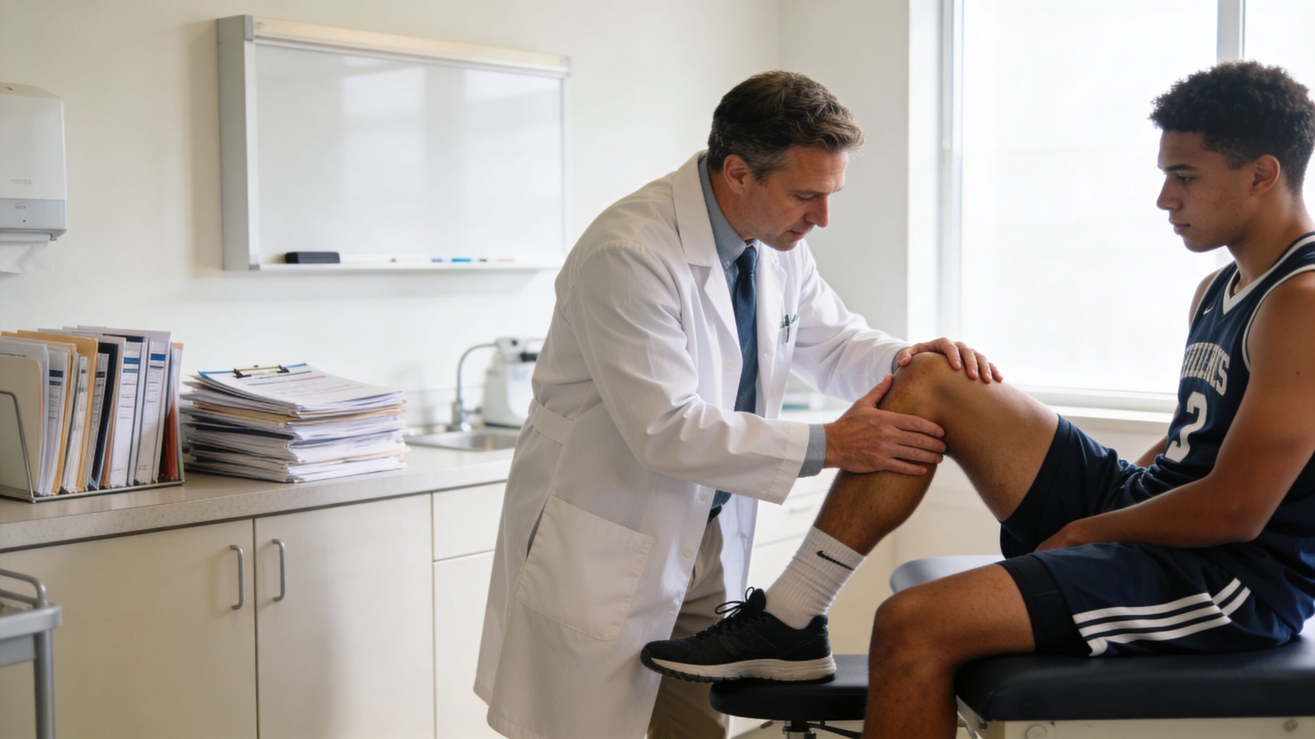 A male doctor in a white coat examines the knee of a young male athlete in a clinic.