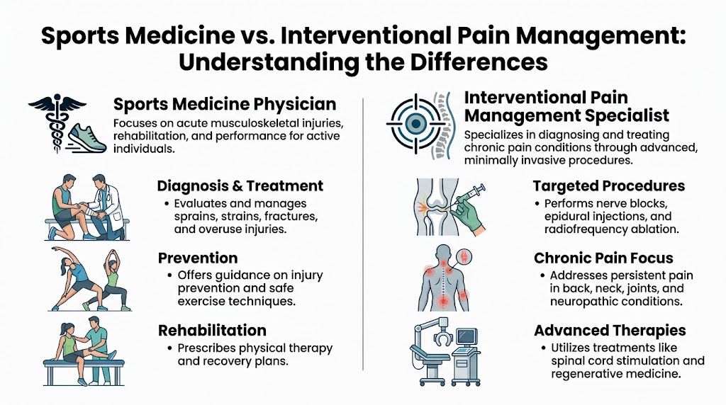An infographic comparing the roles and specialties of sports medicine physicians versus interventional pain management specialists.