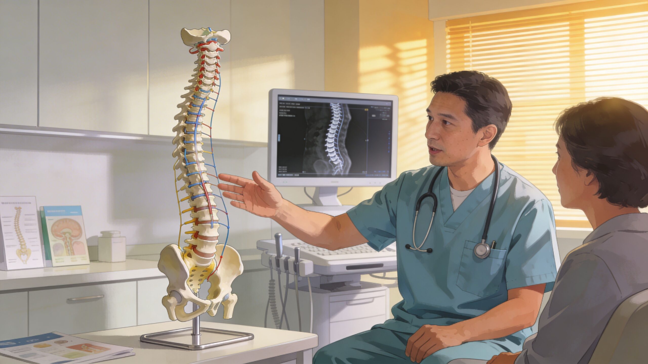 A male doctor explaining spinal anatomy to a female patient using a model in an office.
