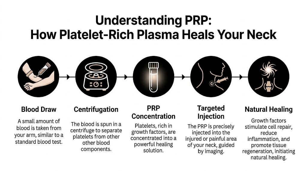 A five-step infographic showing the Platelet-Rich Plasma (PRP) procedure for treating neck pain through natural healing.