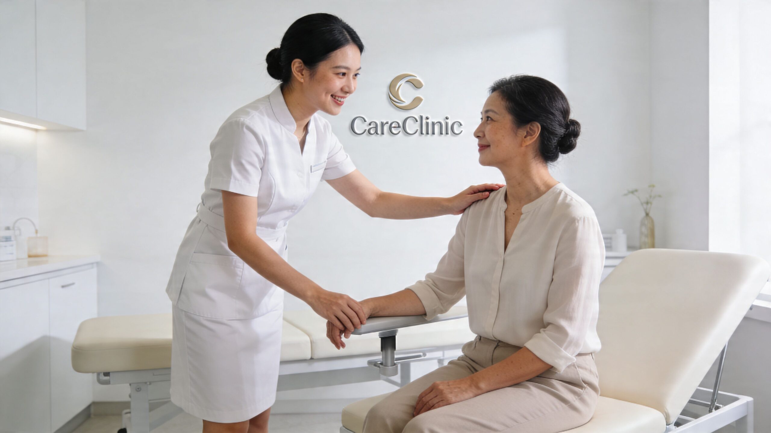 A professional nurse providing compassionate care to an older woman during a medical consultation in a clinic.