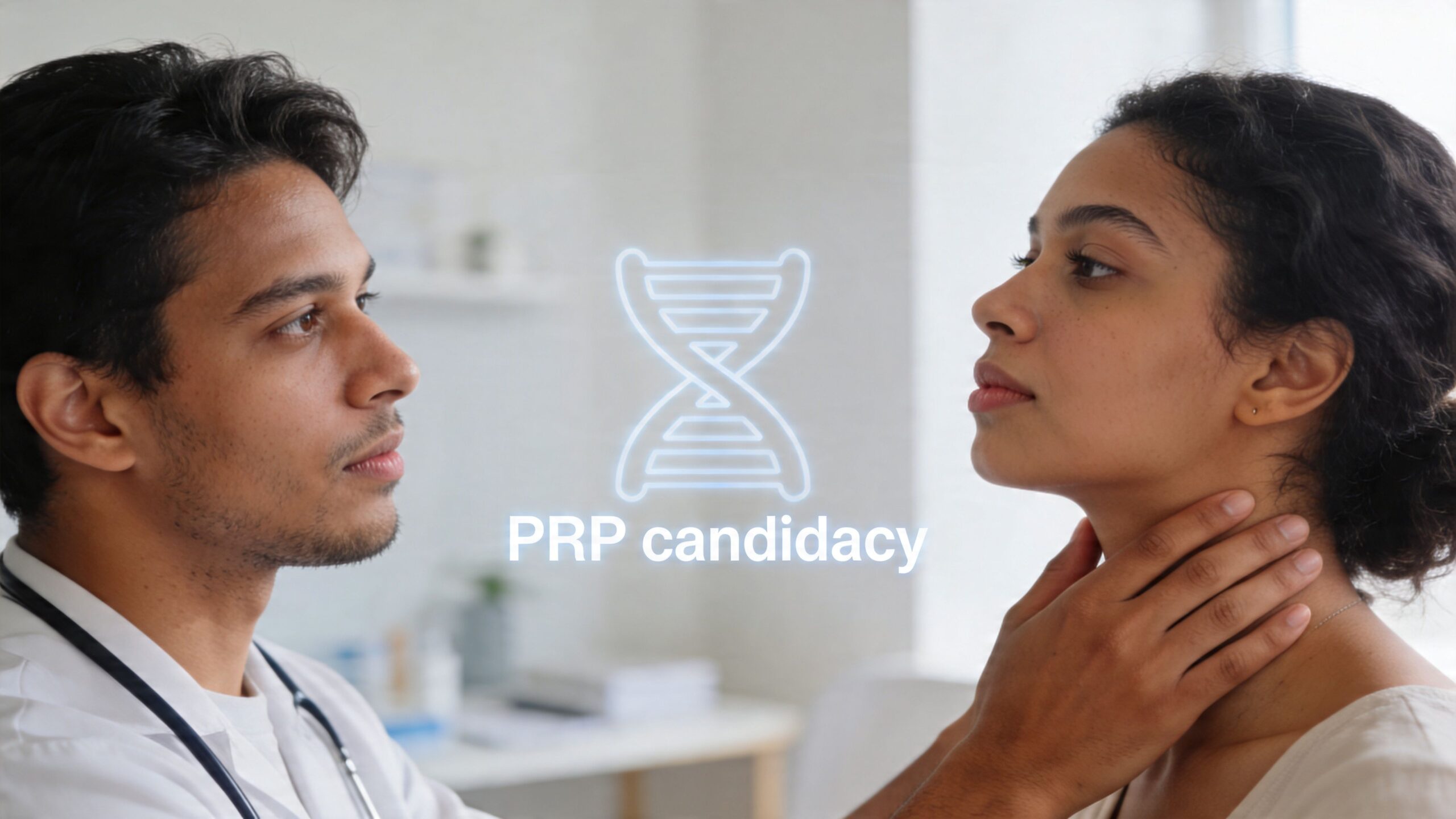 A doctor performing a medical examination on a patient's neck, with a DNA icon and text overlay.