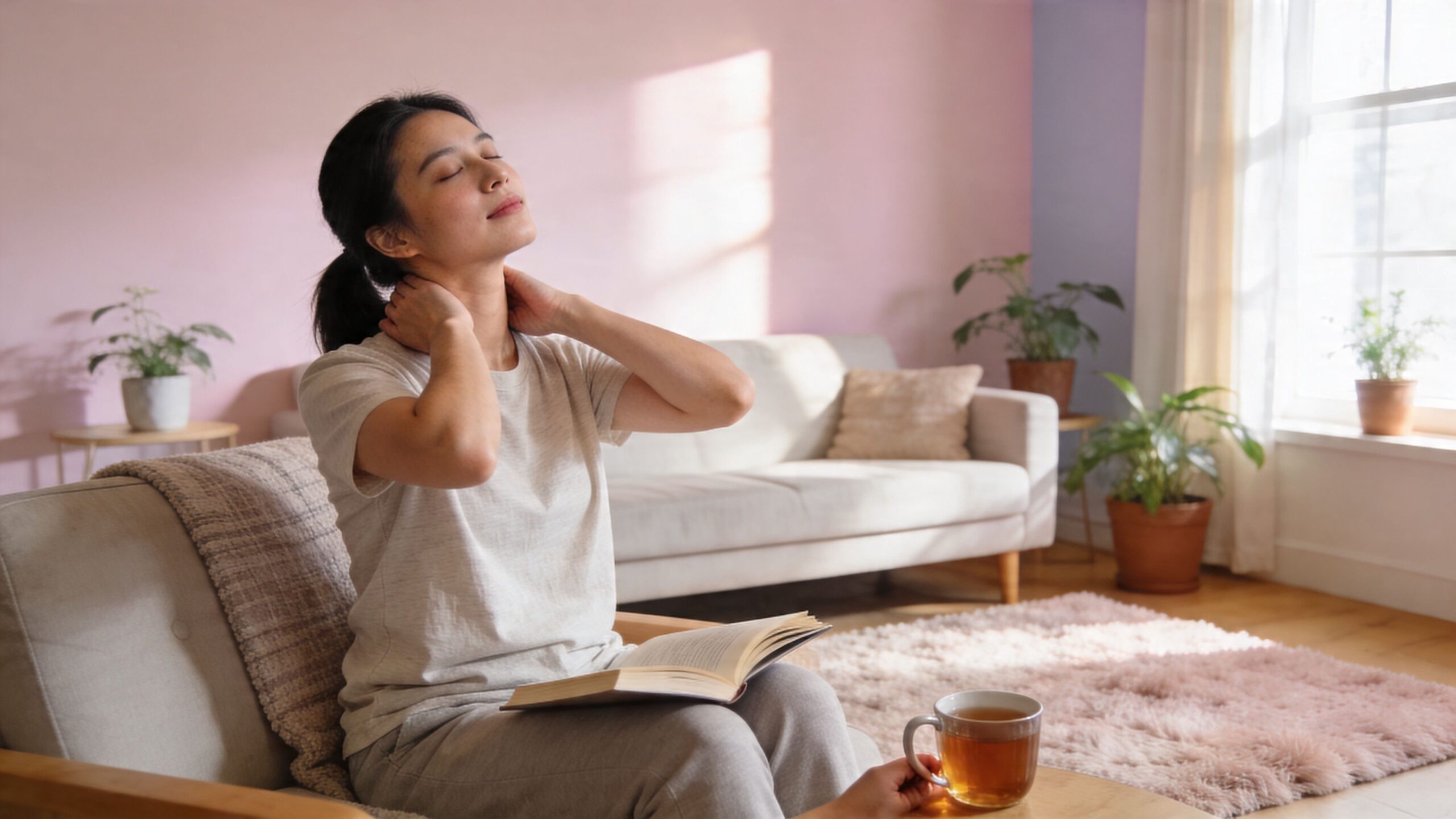 A woman sitting on a couch resting her neck while holding a book and a tea mug.