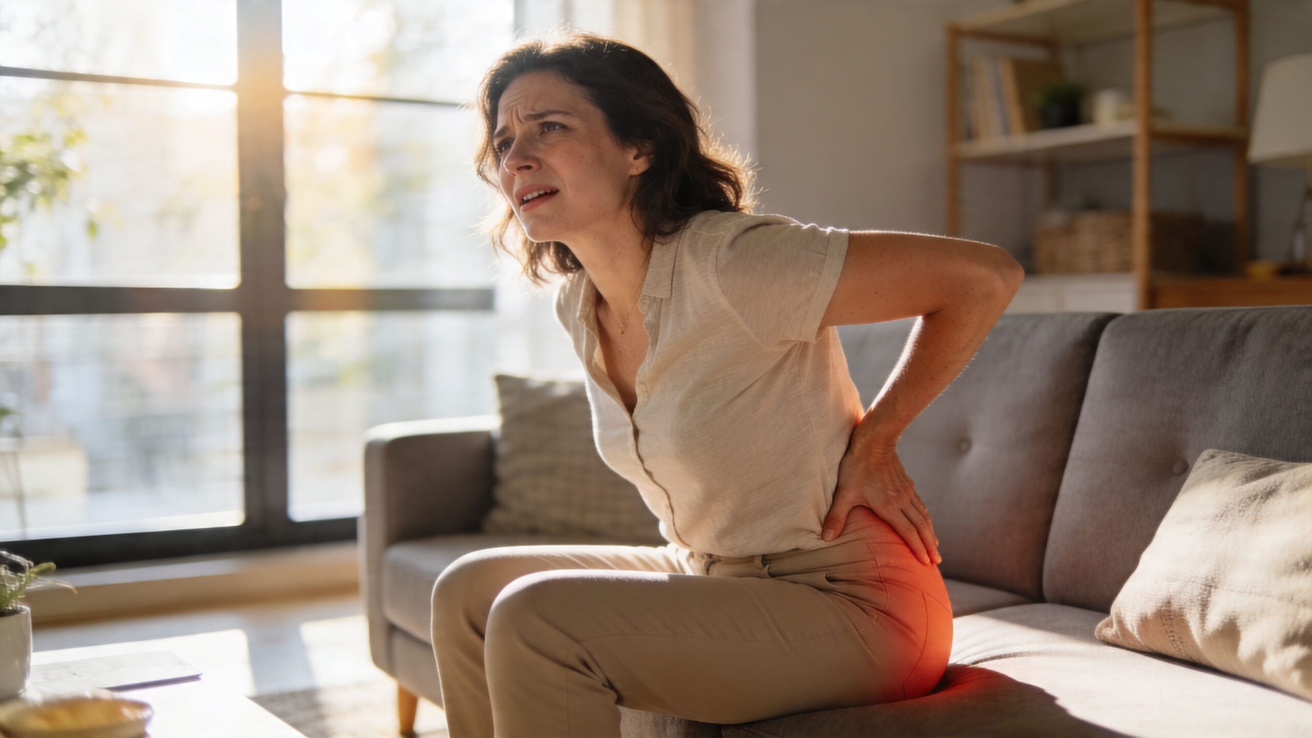 A woman sitting on a sofa expressing discomfort and holding her lower back due to physical pain.