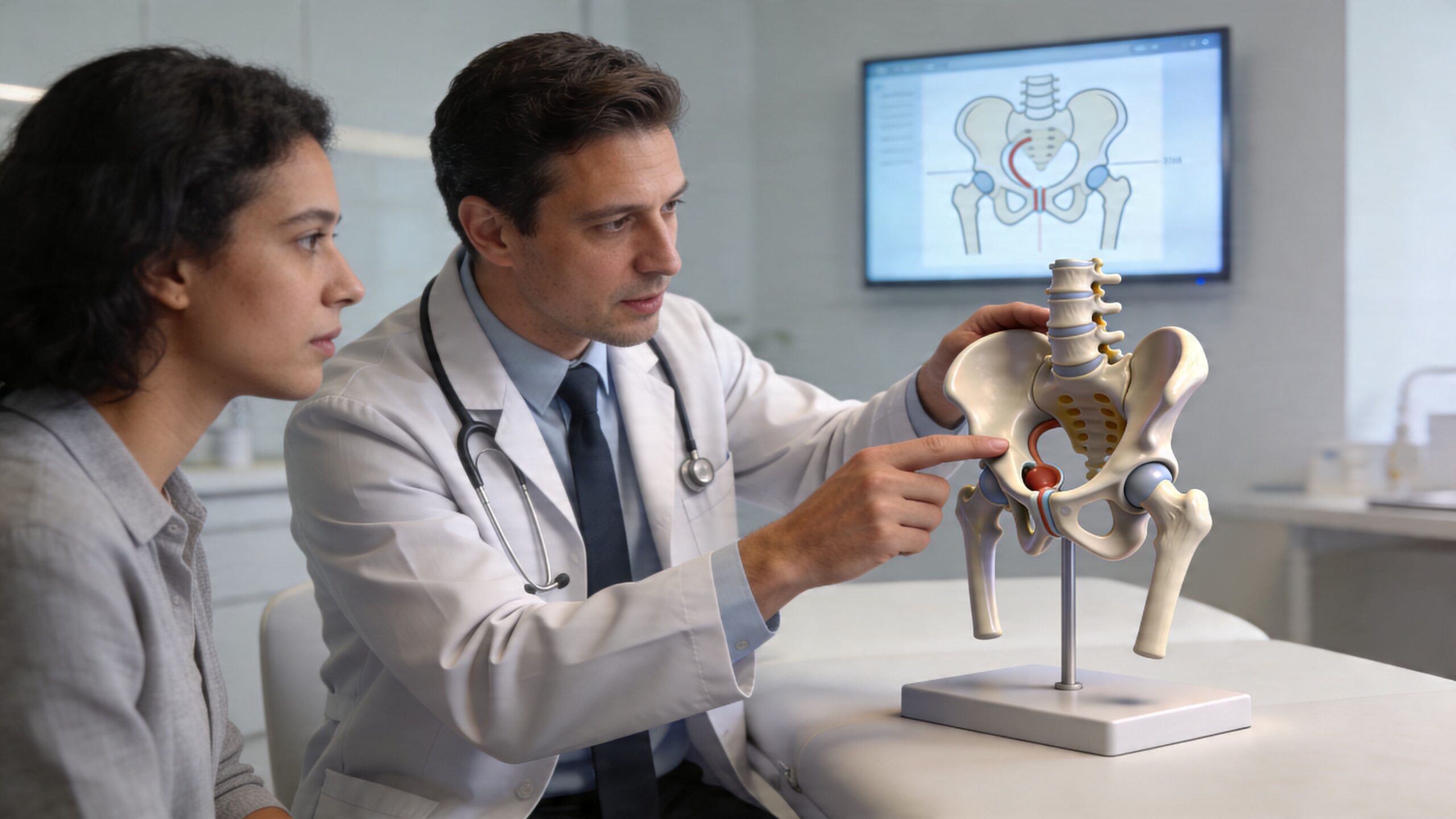 A doctor explaining the pelvic anatomy to a patient using a skeleton model in a medical clinic.