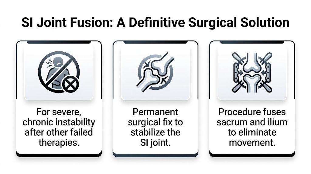 A graphic explaining SI joint fusion as a surgical solution for severe, chronic joint instability and pain.
