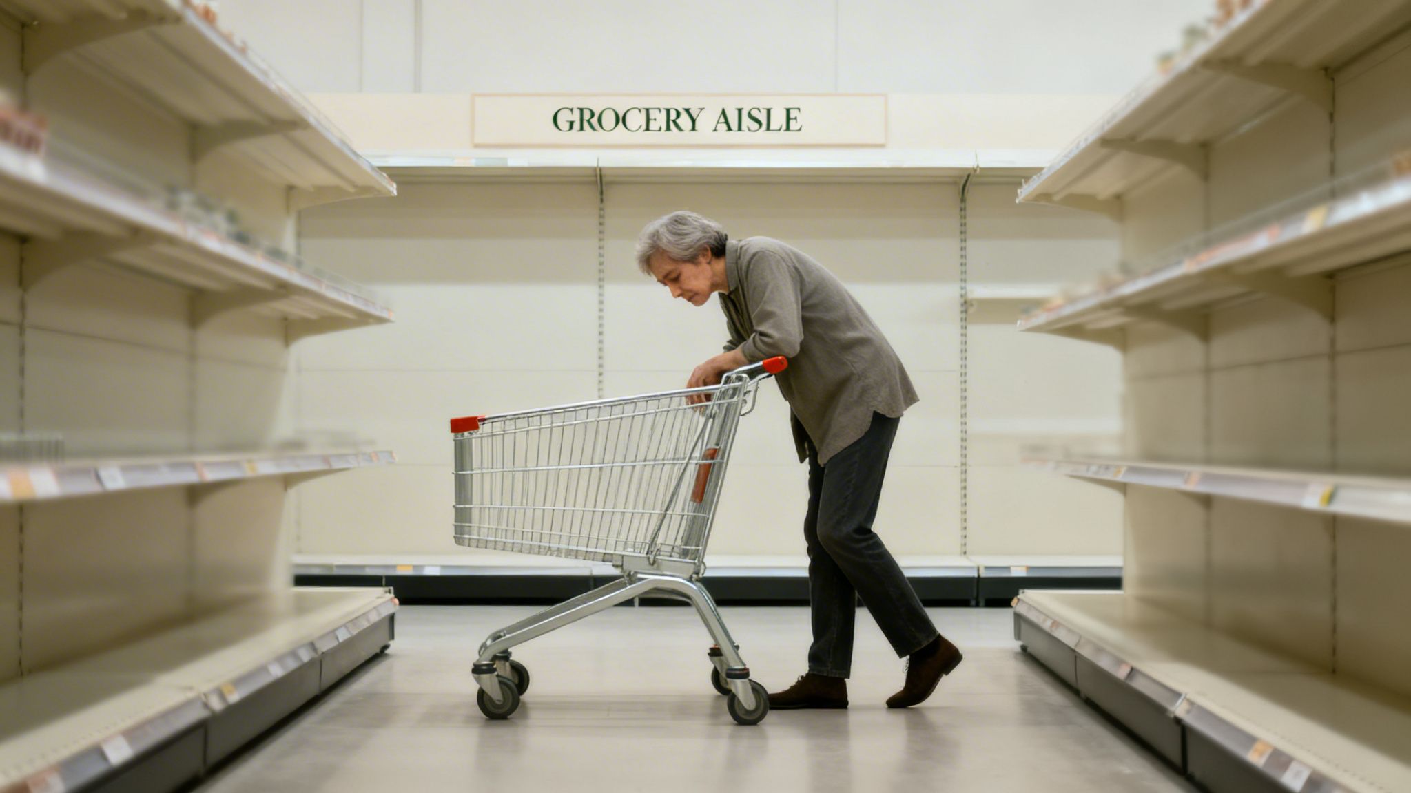 An older person with a shopping cart stands in a grocery aisle with completely empty shelves, looking concerned.