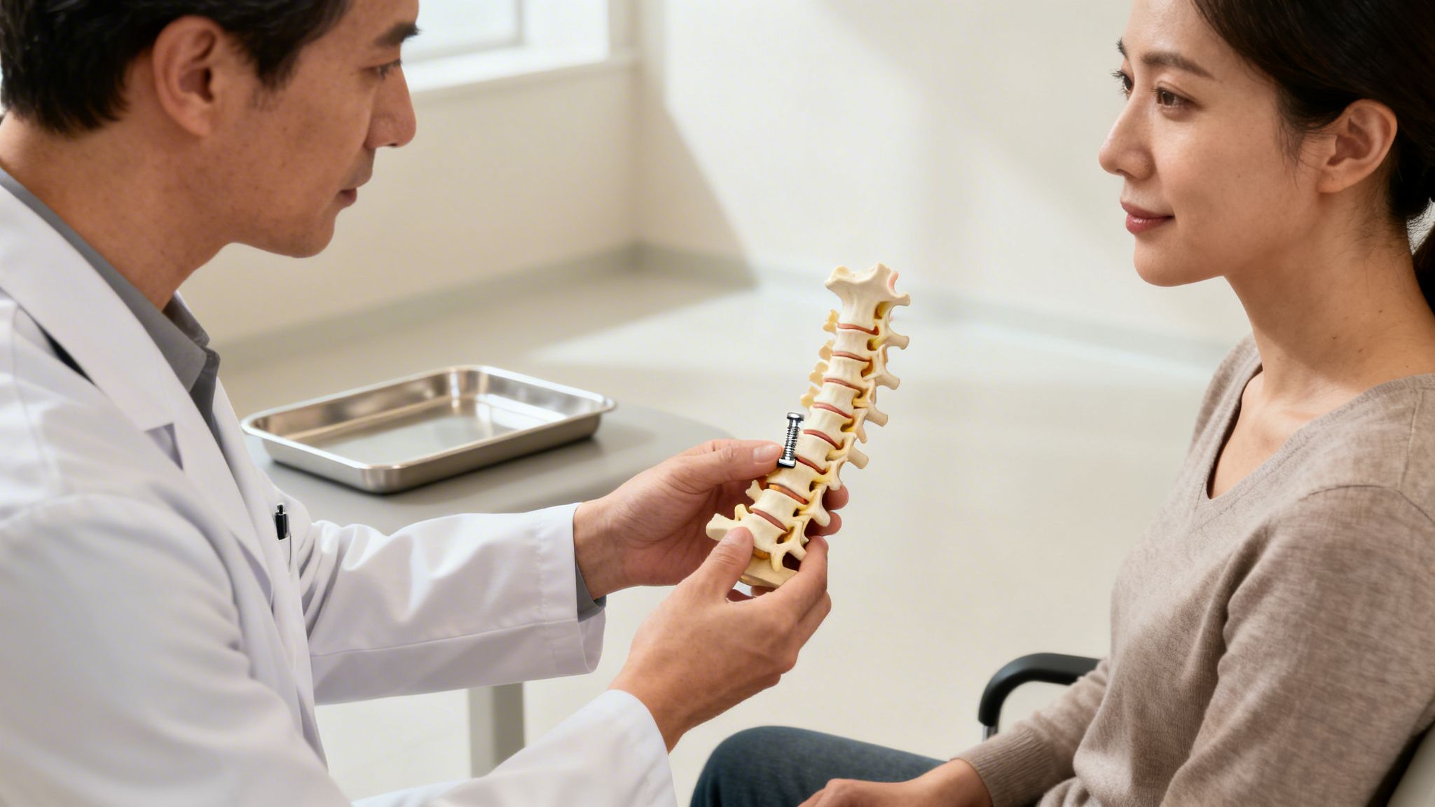 A doctor uses a spine model with a screw to explain a medical procedure to a patient.