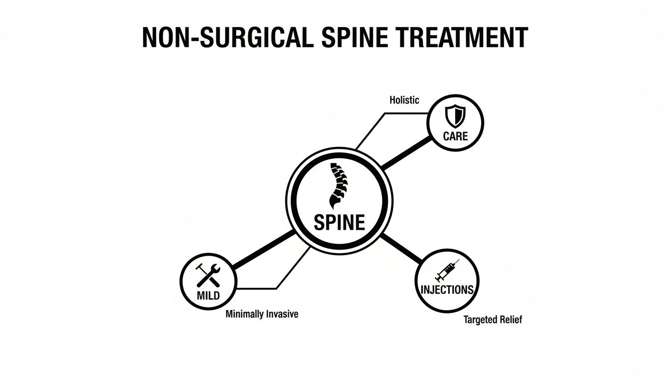 Diagram illustrating non-surgical spine treatment options: mild, holistic care, and targeted injections.