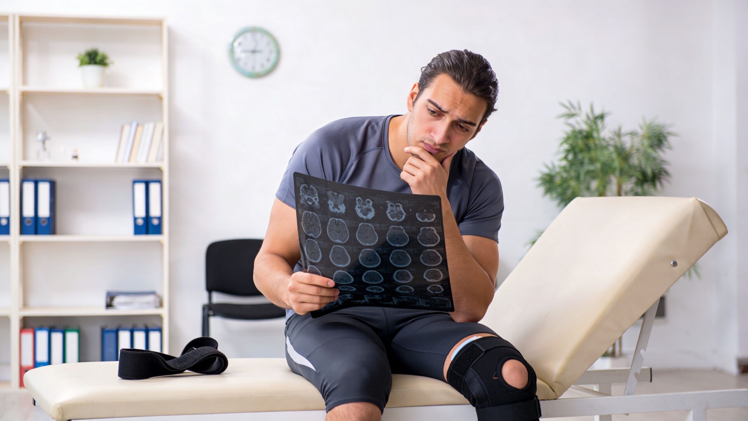 A male athlete with a knee brace sits in a clinic examining a medical head X-ray scan.