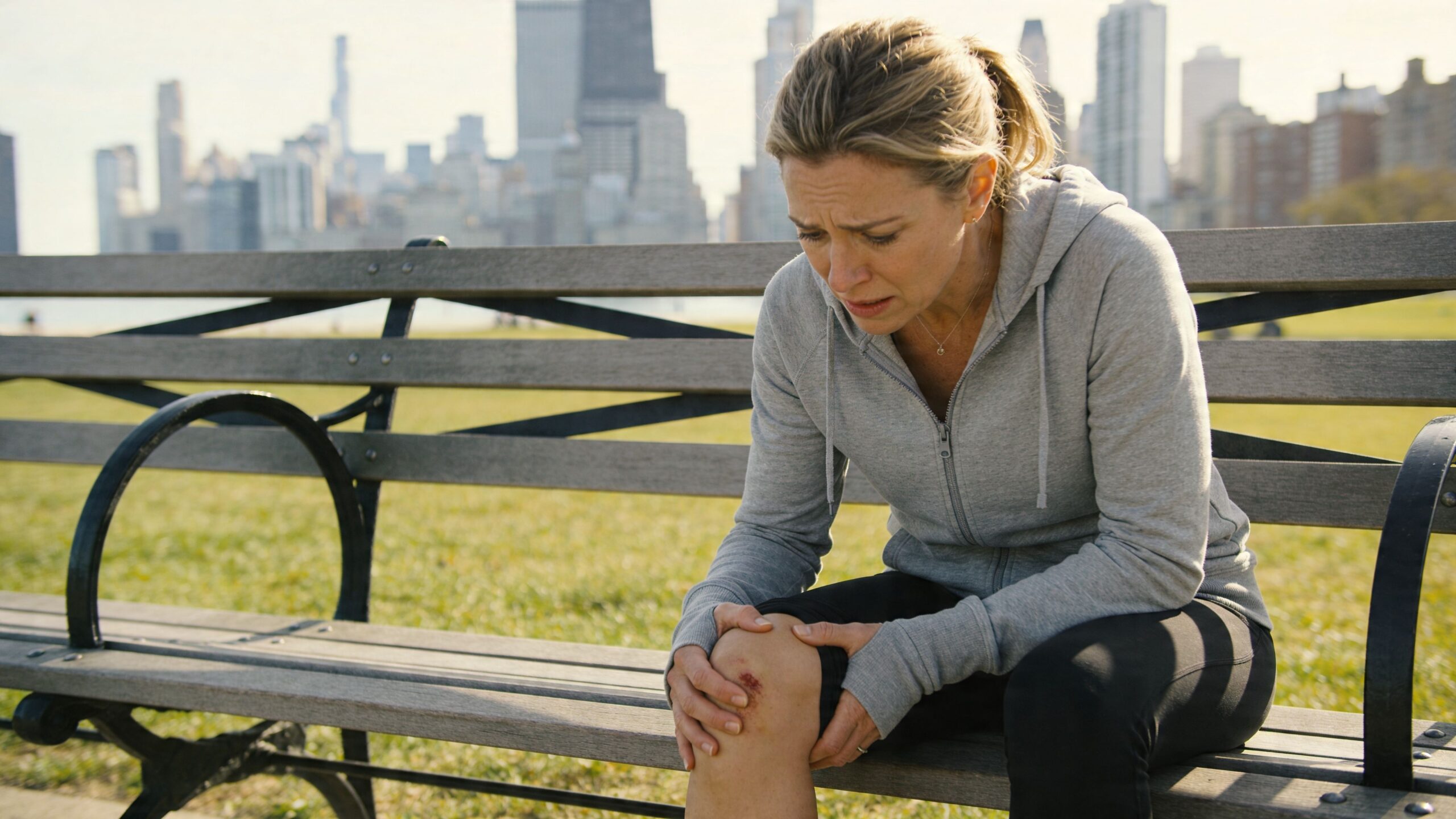 A woman in sportswear sitting on a park bench clutching her injured and bruised knee in pain.