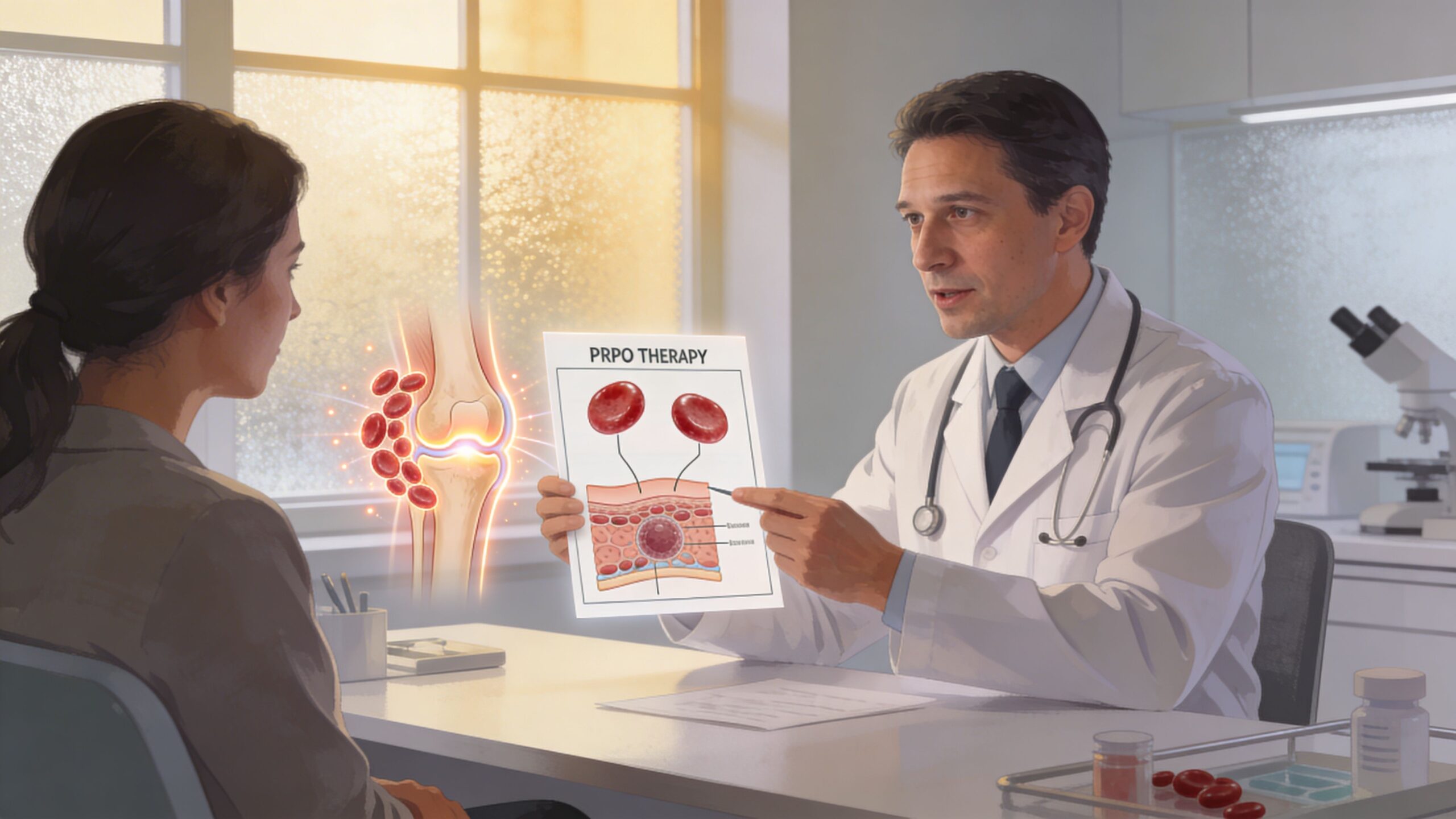 A doctor explaining PRP therapy treatment options to a patient in a medical office setting.