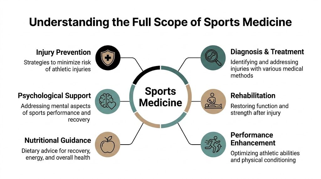A diagram outlining the six main pillars of sports medicine, including injury prevention, rehabilitation, and performance enhancement.