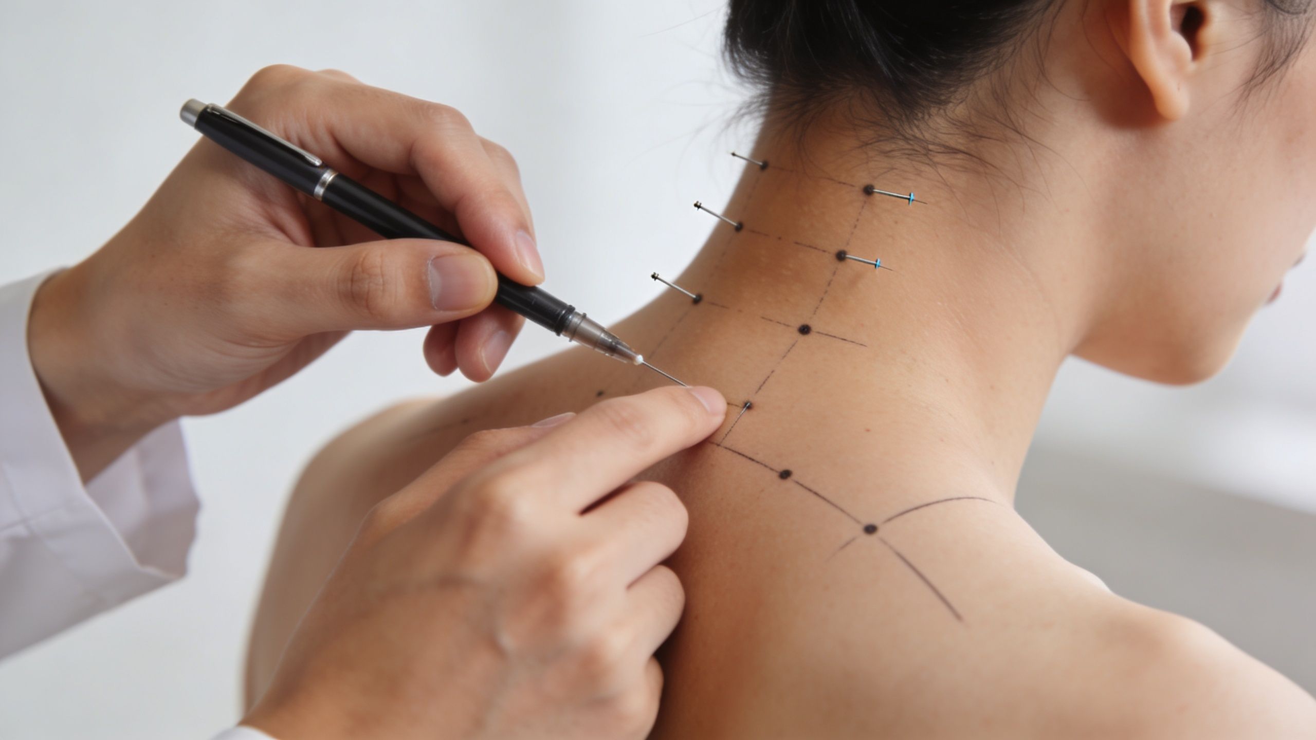 A practitioner using a pen to mark acupuncture points on a patient's upper back and neck area.