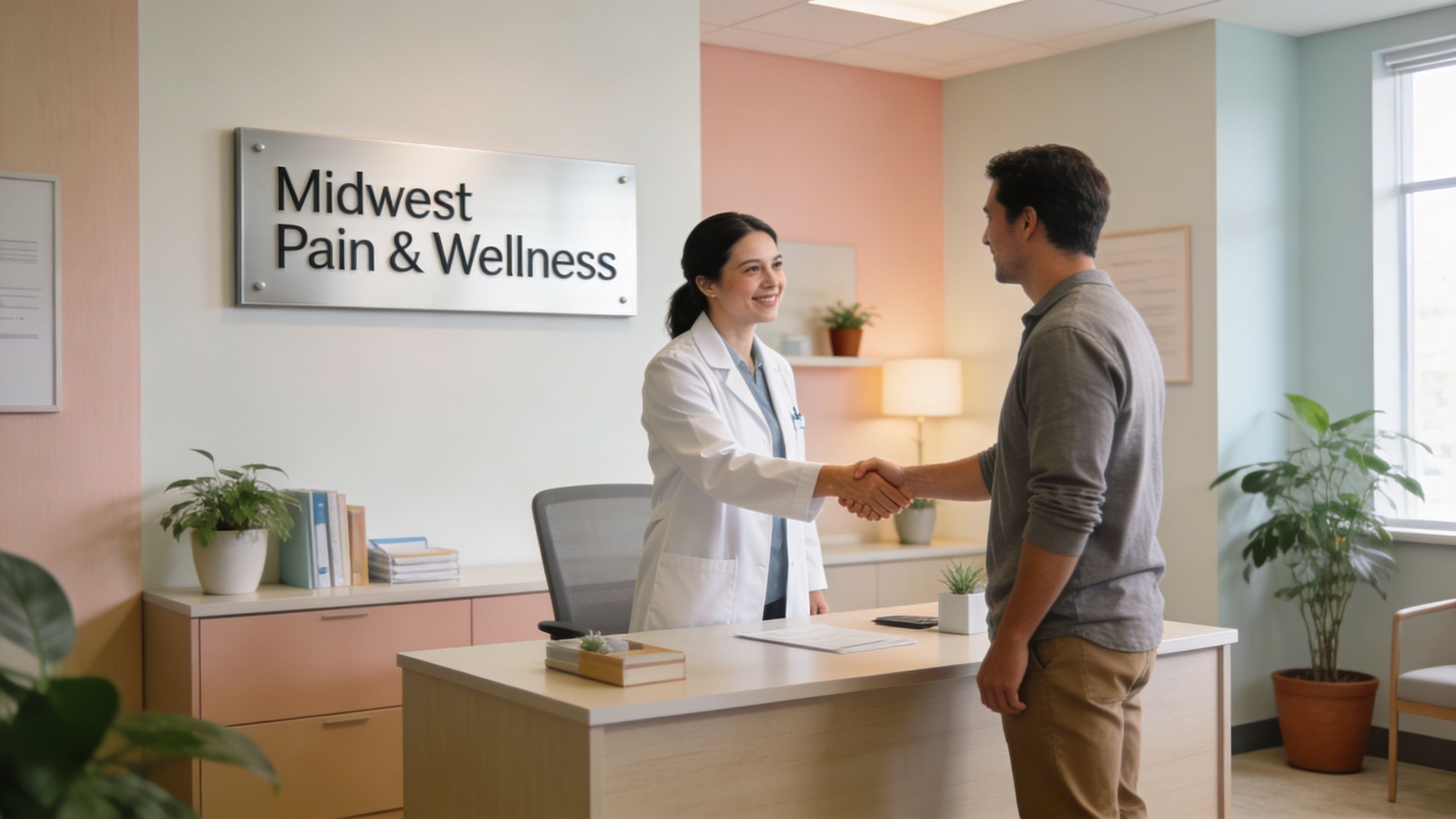 A professional doctor in a white coat shaking hands with a male patient in an office.
