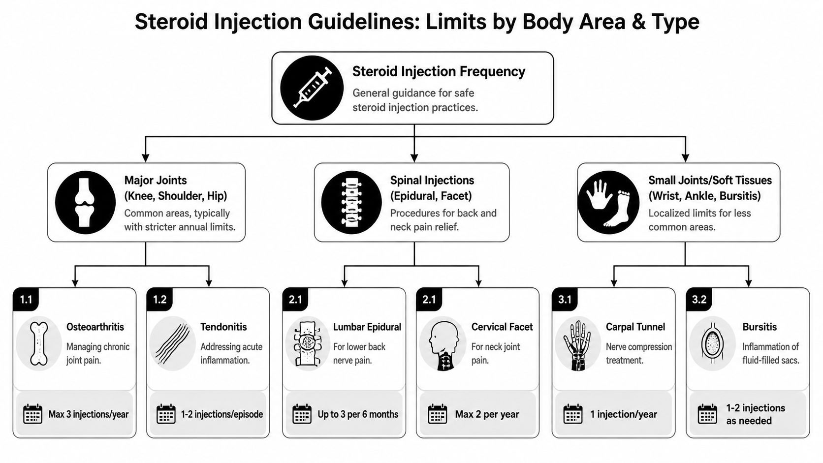 A flowchart showing guidelines for safe steroid injection frequency categorized by body area and treatment type.