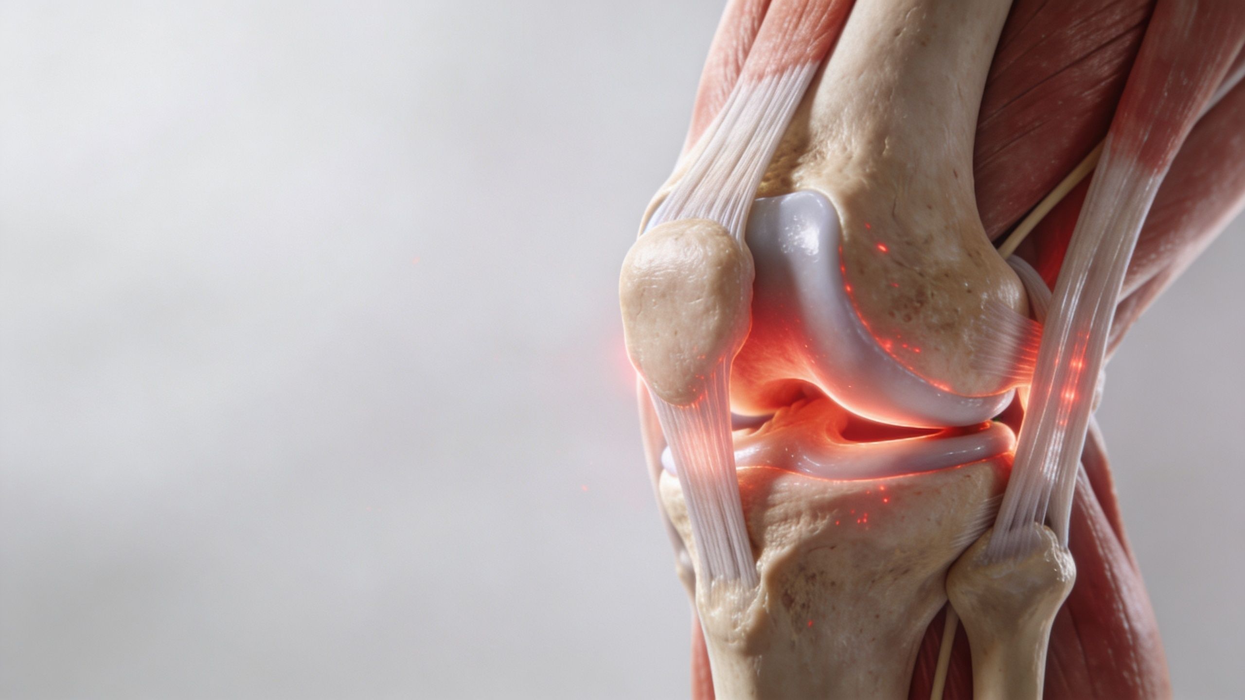 A 3D medical visualization of a human knee joint showing inflammation in the joint space