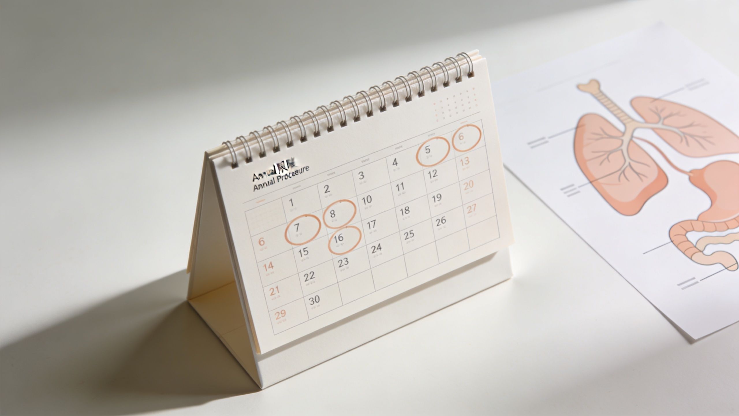 A desktop calendar with circled dates next to a diagram of human internal organs on a table.
