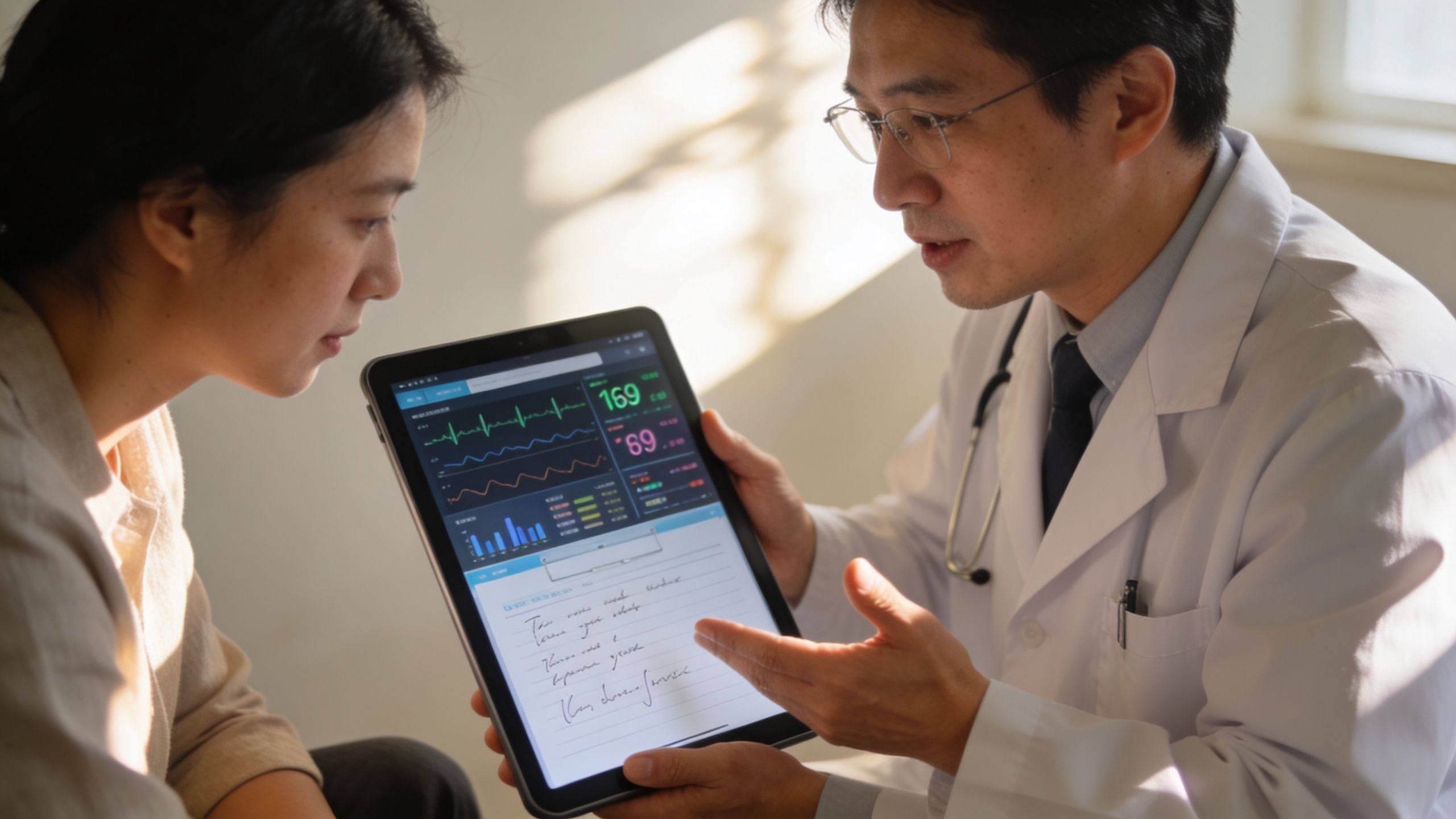 A doctor explaining medical charts and notes on a tablet screen to a female patient during consultation.
