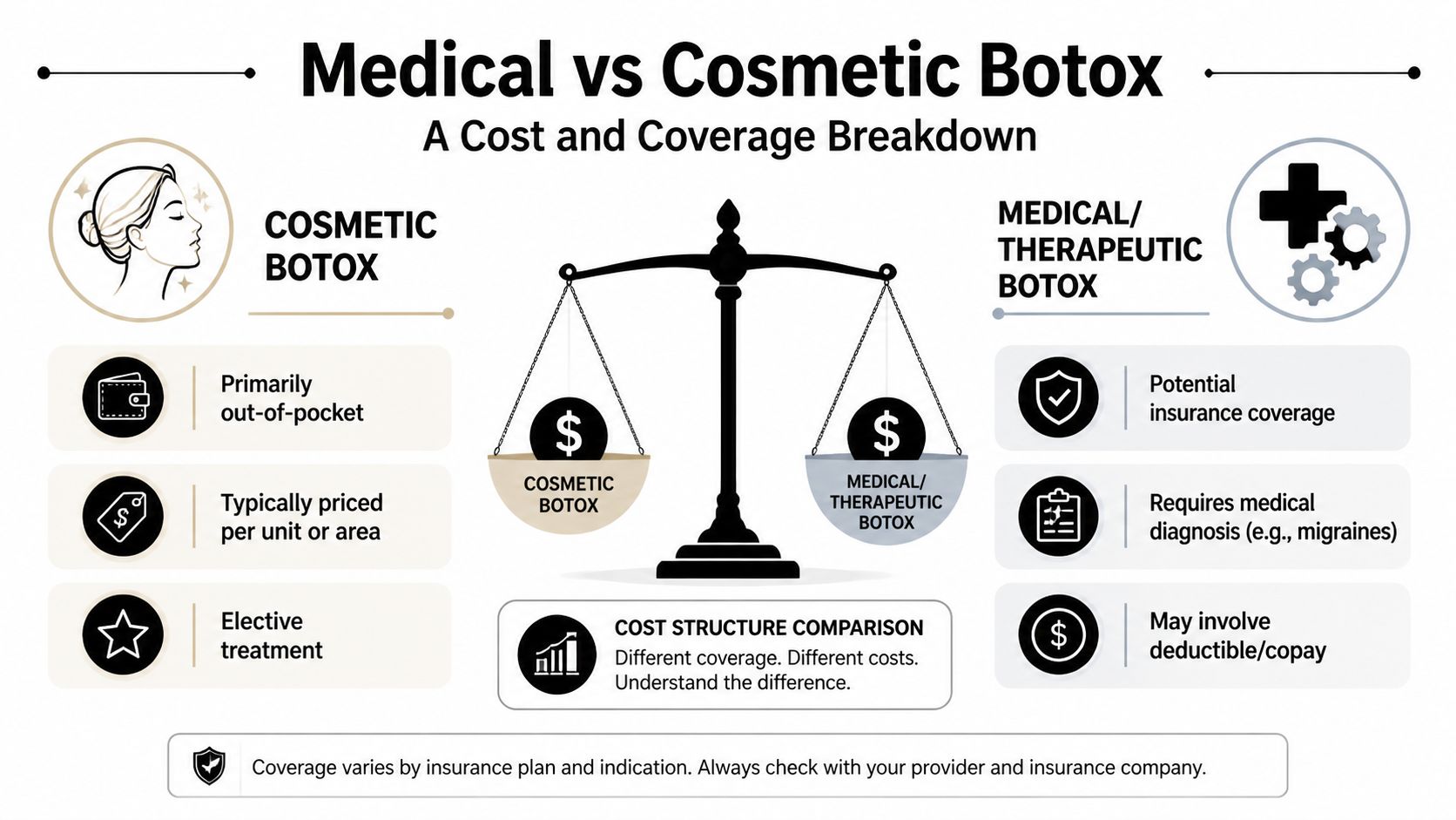 An infographic comparing the cost and insurance coverage differences between medical and cosmetic Botox treatments.