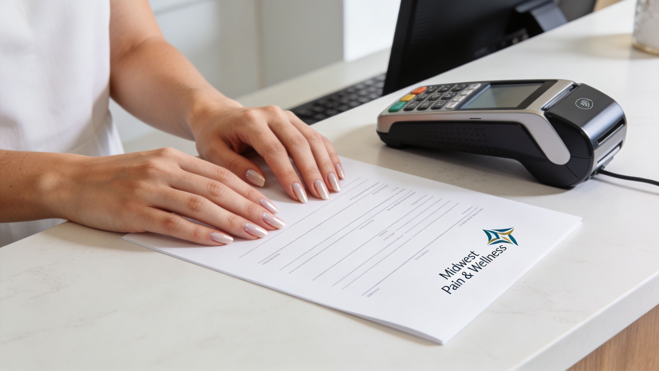 A person signing medical paperwork for Midwest Pain and Wellness at a reception desk with a card reader.
