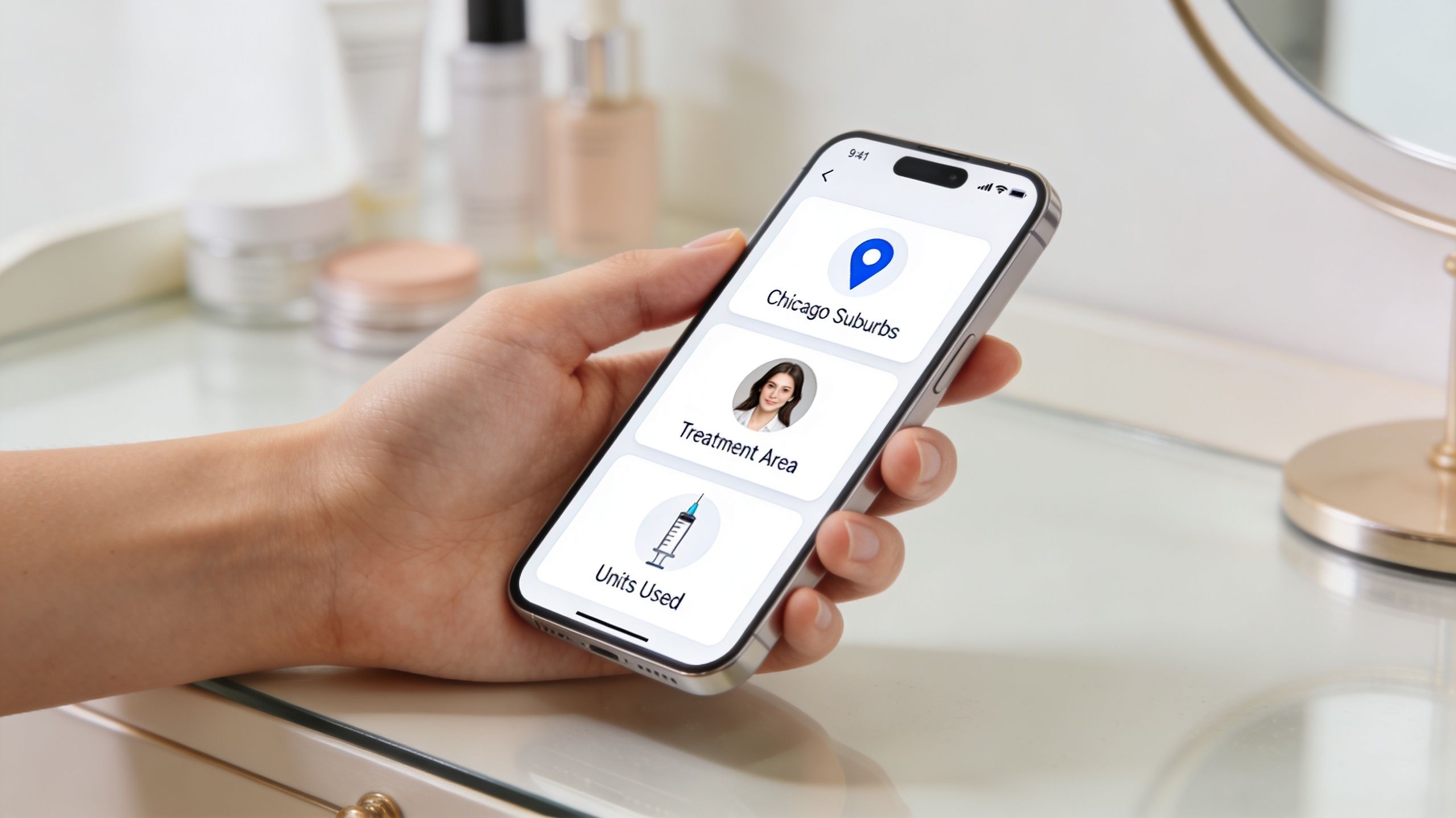 A person holding a smartphone showing a cosmetic medical consultation app interface on a vanity table.