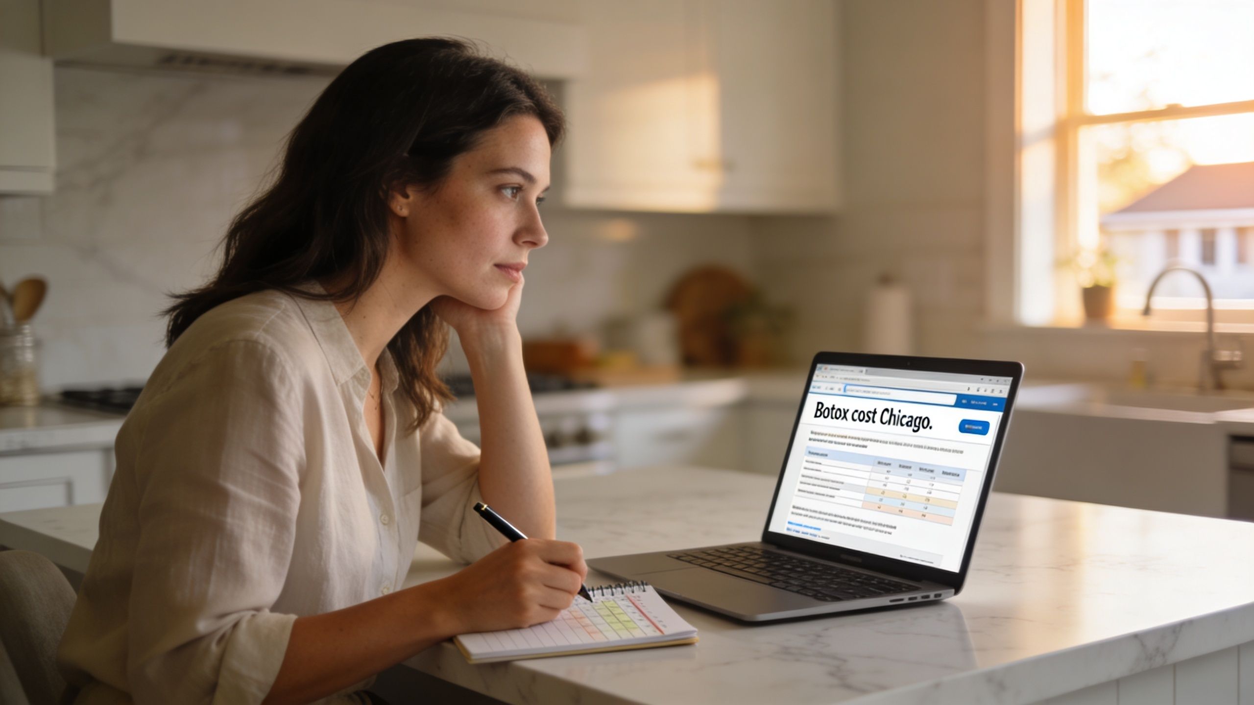 A woman researching Botox costs in Chicago on her laptop while taking notes in her kitchen.