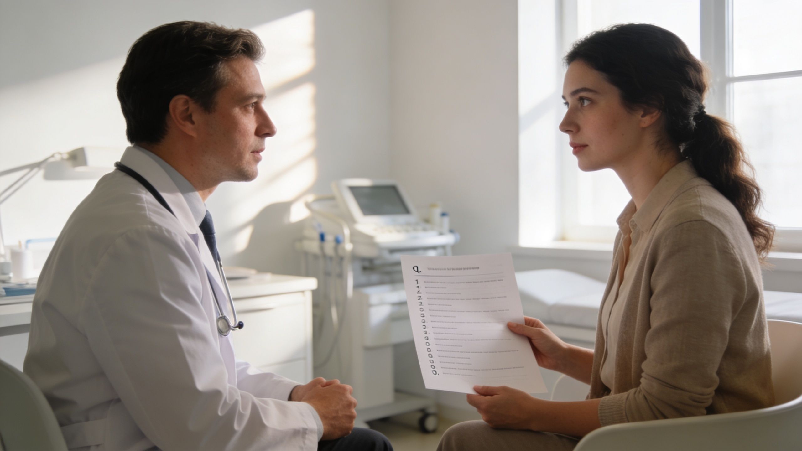 A professional doctor in a white coat consults with a female patient holding a medical questionnaire.