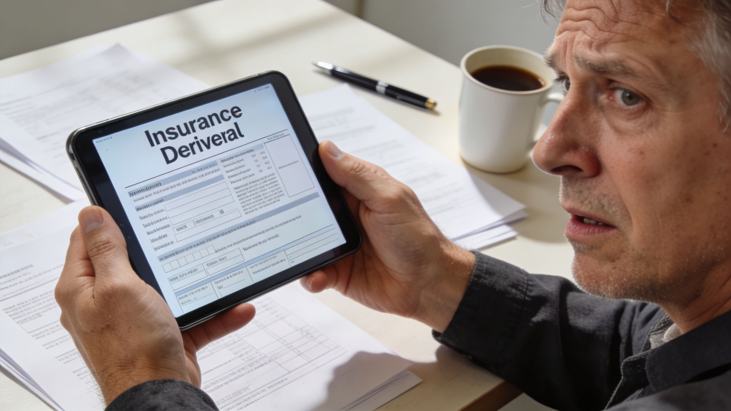 A concerned middle-aged man reviewing a digital insurance document on a tablet while sitting at his desk.
