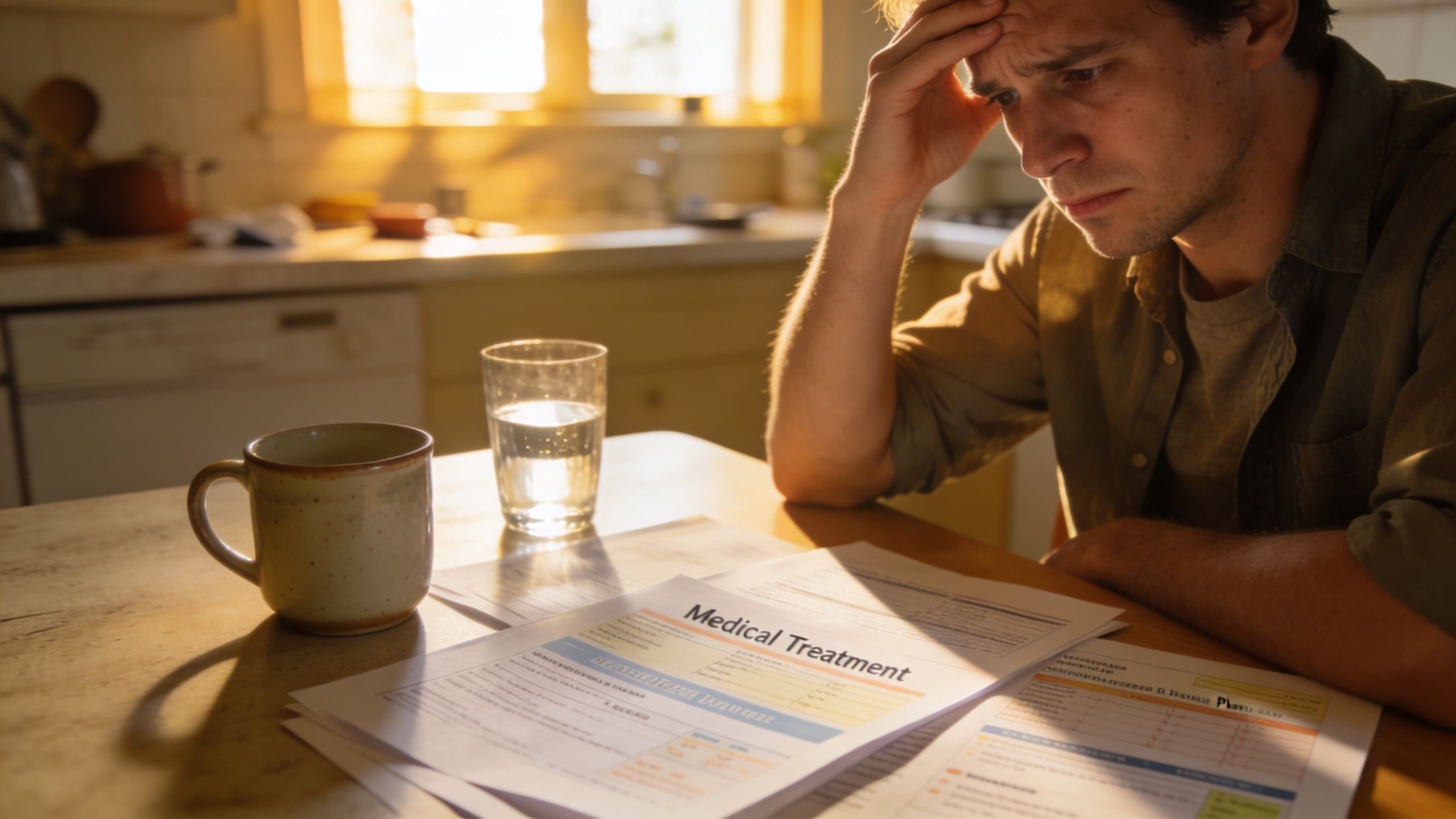 A concerned man sitting at a kitchen table looking at medical treatment documents with a cup nearby.