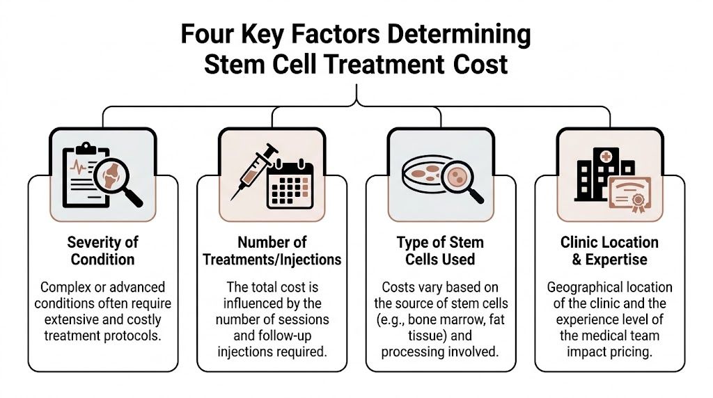 An infographic detailing four primary factors influencing the total cost of stem cell treatment procedures.