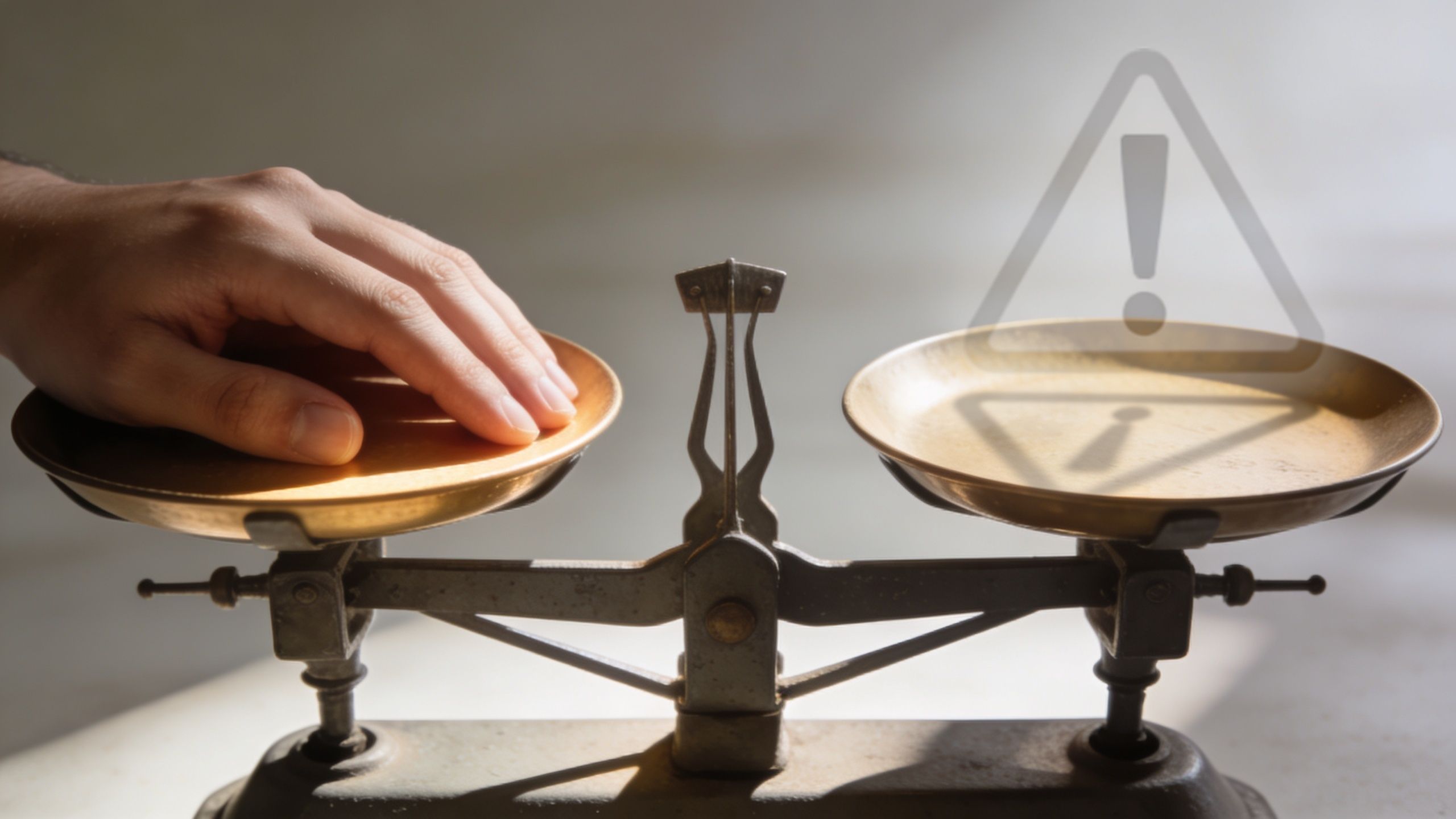 A hand pressing down on one side of a brass scale, symbolizing imbalance or critical assessment.