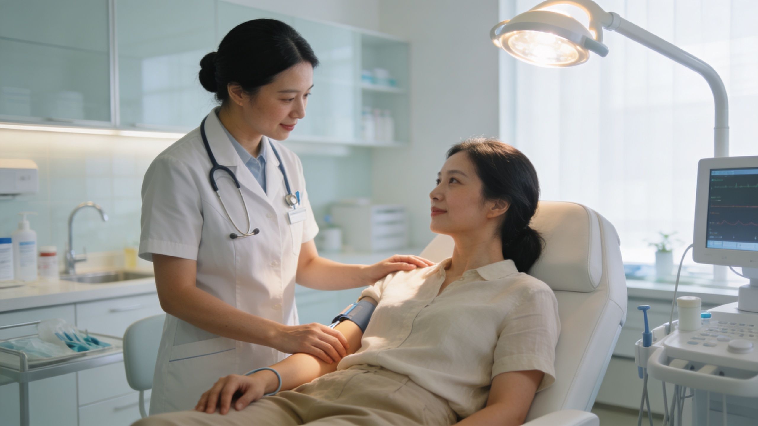 A female doctor checking a patient's blood pressure during a medical consultation in a clinic office.