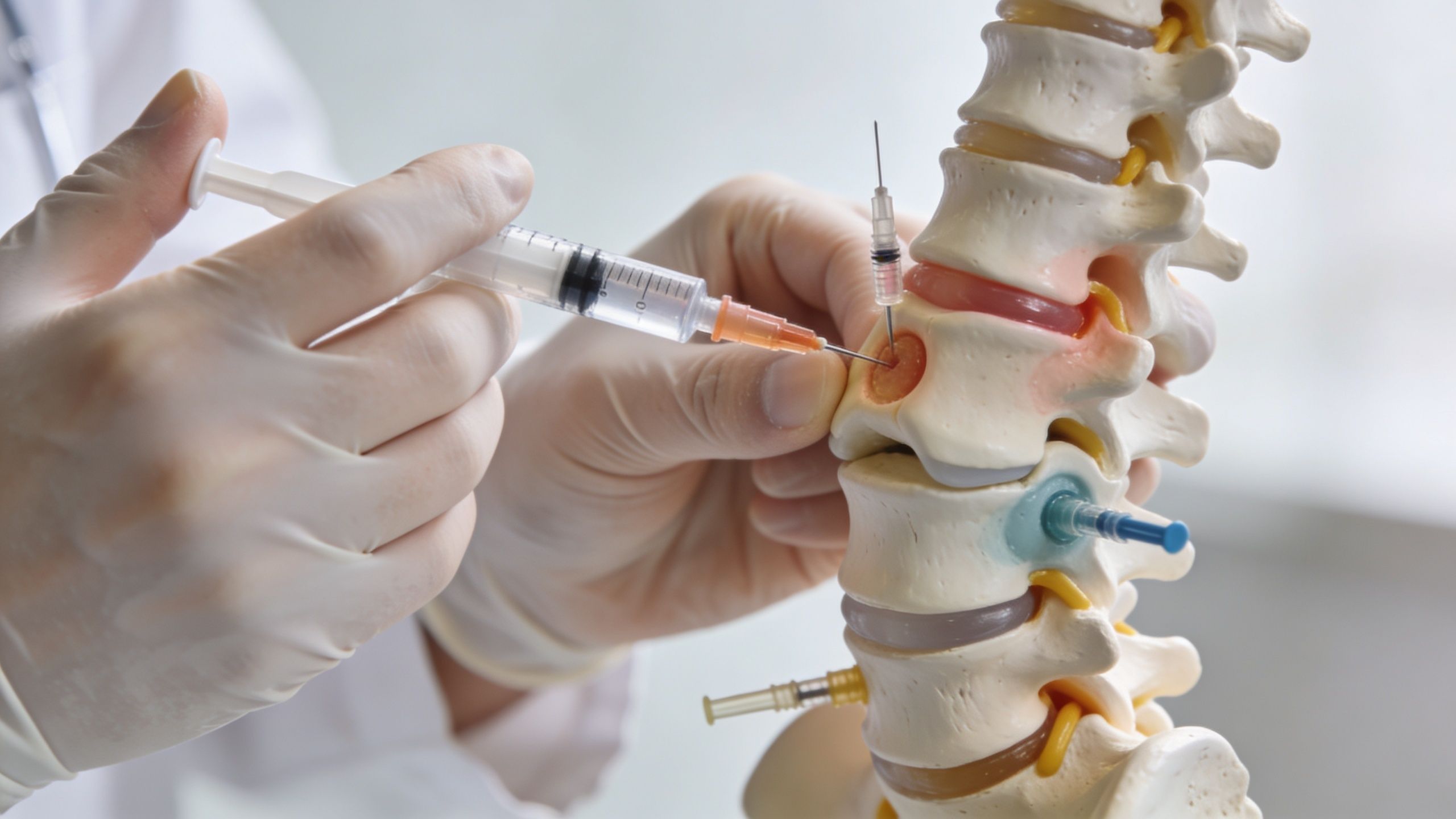 A medical professional demonstrating a spinal injection technique on an anatomical model of the human vertebral column.