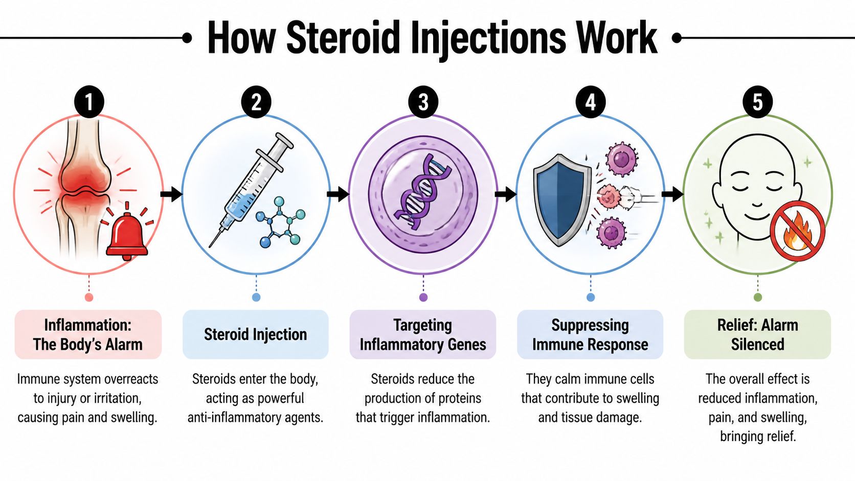 A diagram illustrating the five-step process of how steroid injections reduce inflammation and provide pain relief.