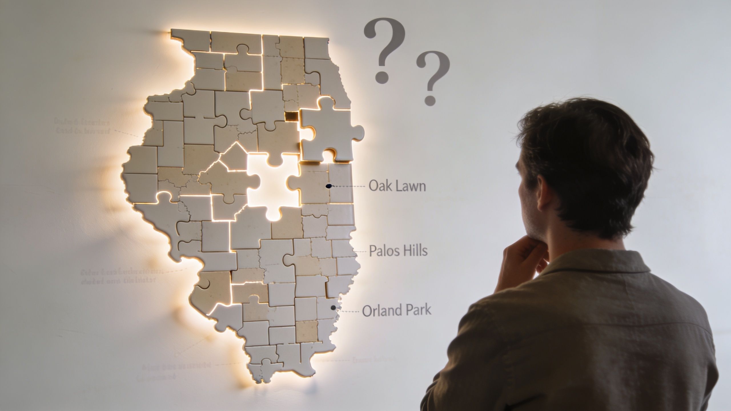 A person looking at a jigsaw puzzle map of Illinois with missing pieces and labeled city locations.