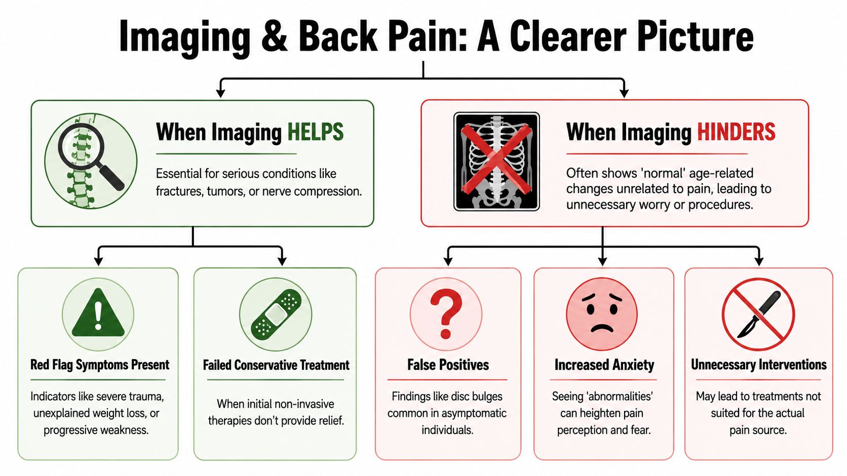 A flow chart explaining when medical imaging is helpful or hindering for diagnosing back pain.
