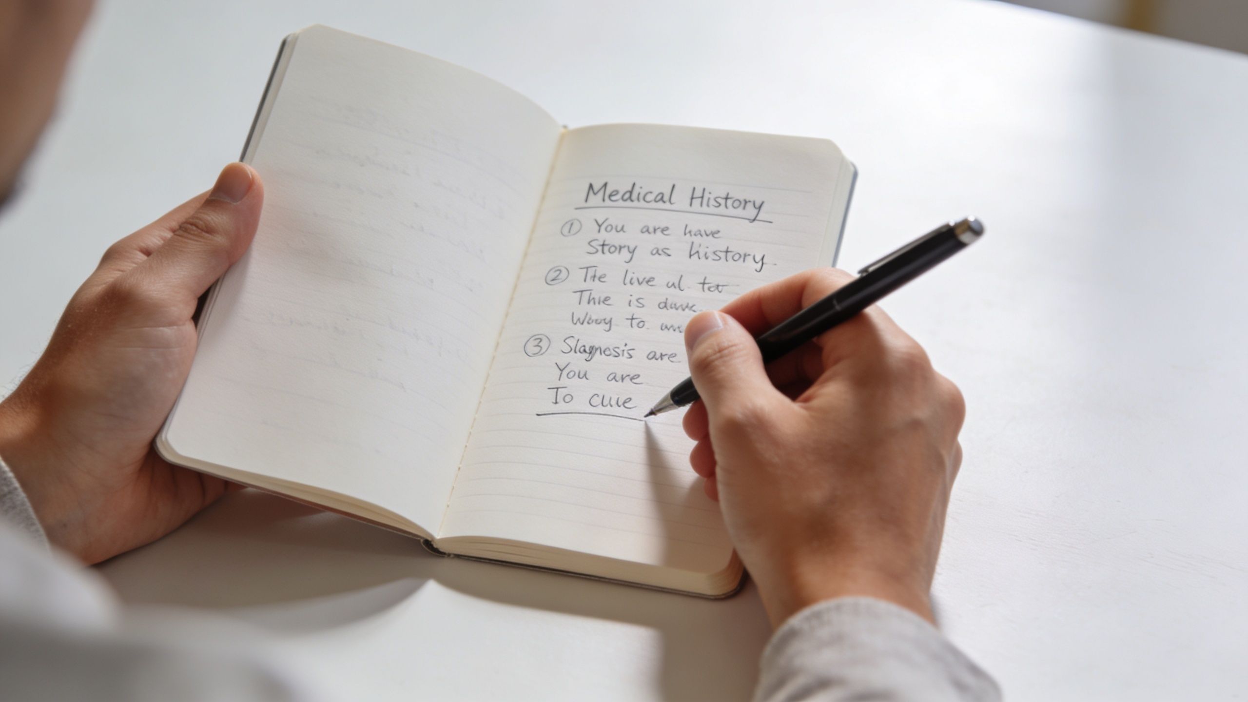 A person writes notes about medical history and a diagnosis in a small notebook with a pen.