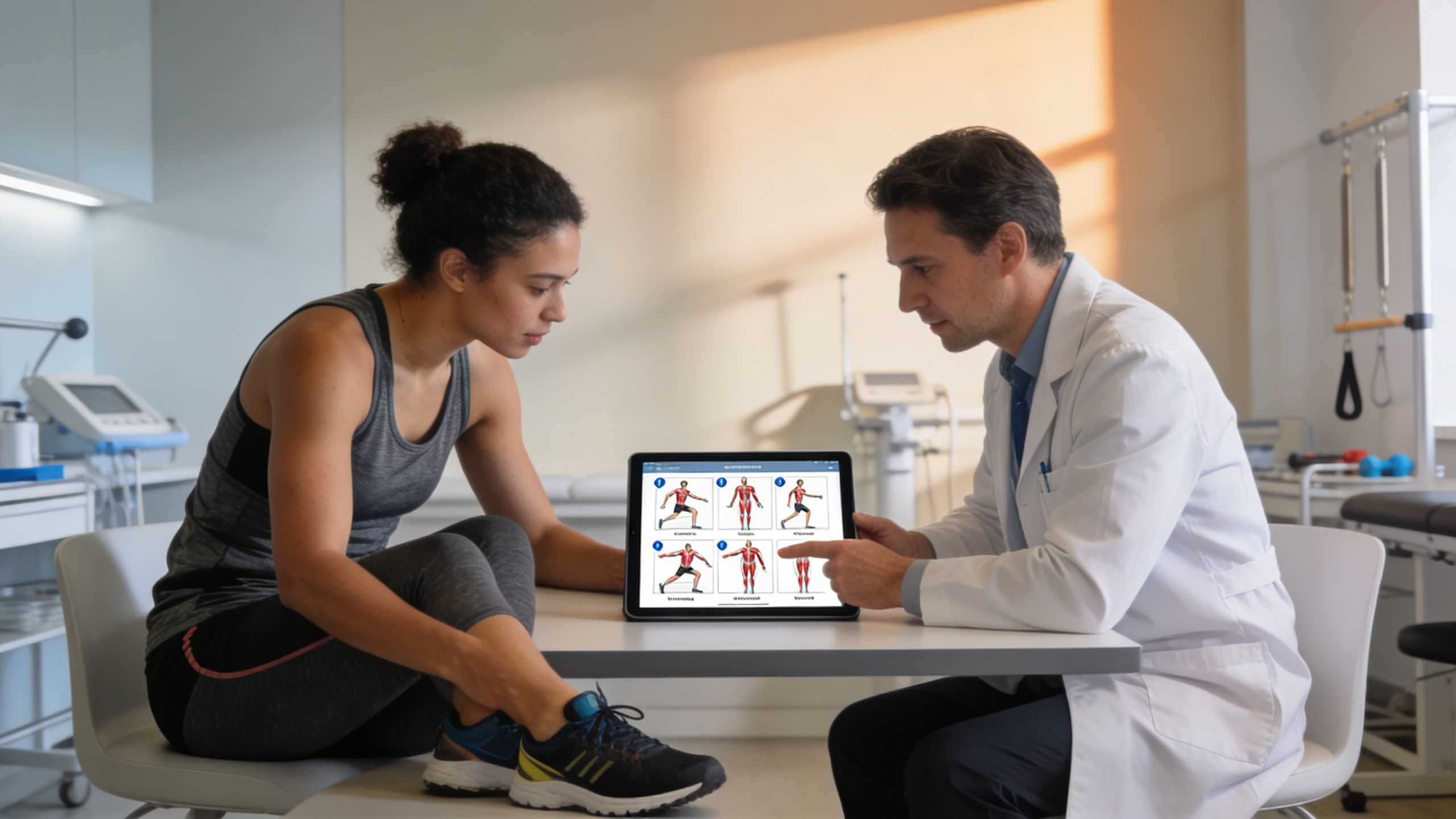 A physical therapist shows a patient anatomy illustrations on a digital tablet during a consultation session.