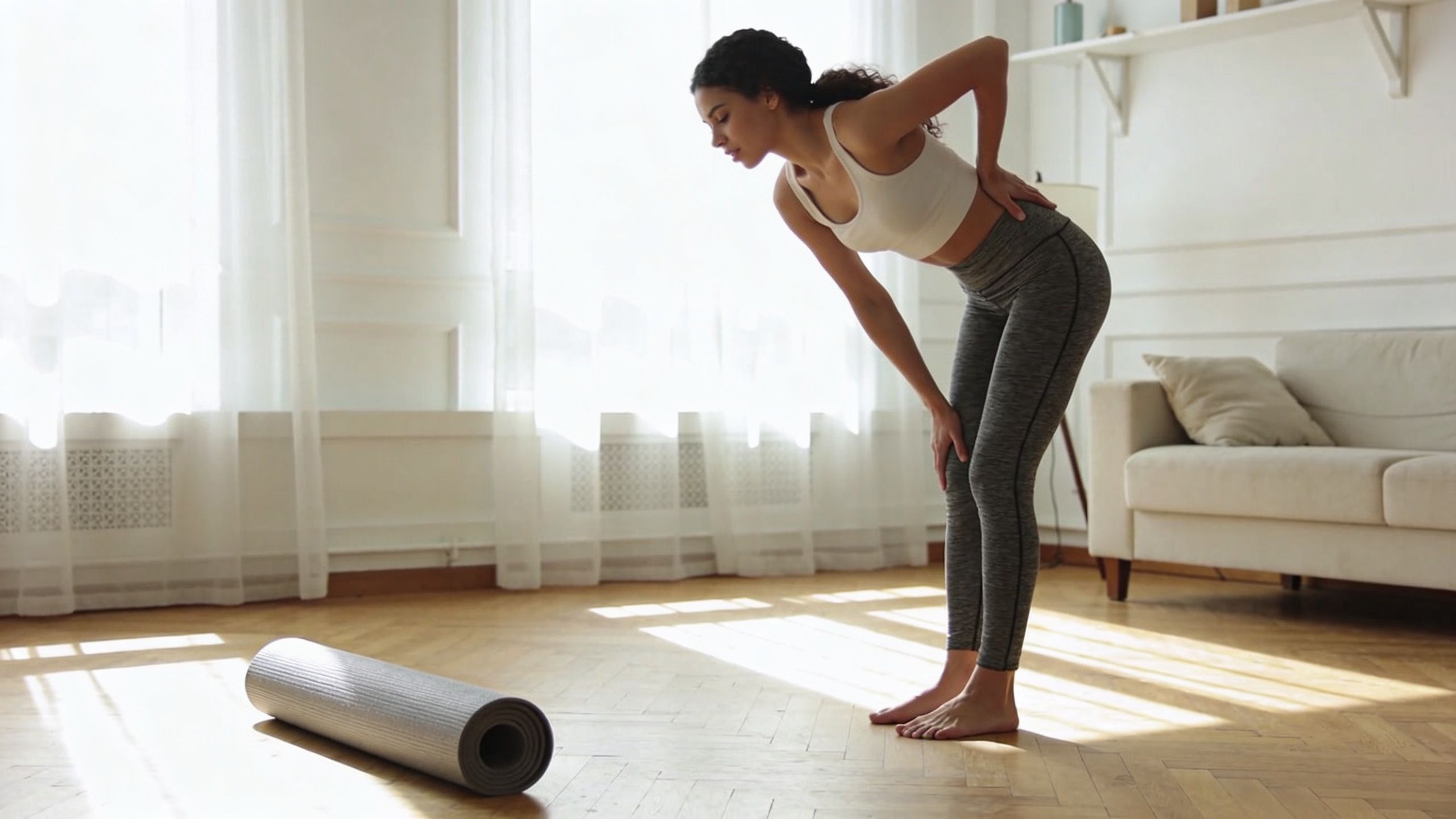 A woman leaning forward and holding her back, experiencing discomfort or pain during an exercise session.